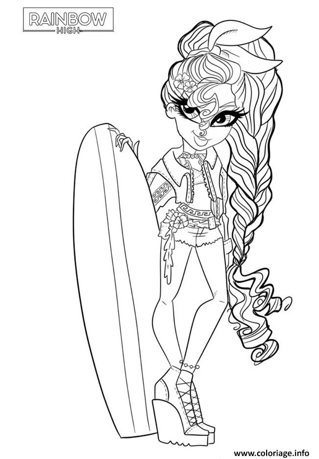 Dessin rainbow high personnage avec planche de surf Coloriage Gratuit à Imprimer