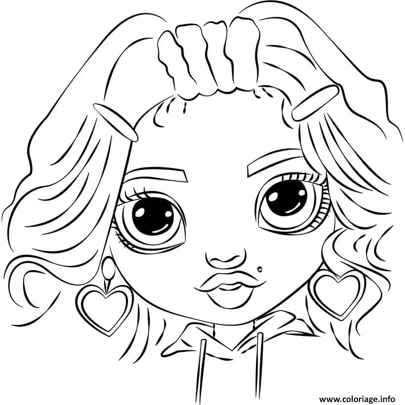 Dessin visage de poupee avec boucles et boucles doreilles en cur Coloriage Gratuit à Imprimer