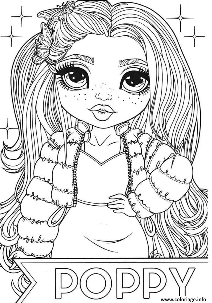 Dessin portrait de poppy avec papillons et veste douillette Coloriage Gratuit à Imprimer