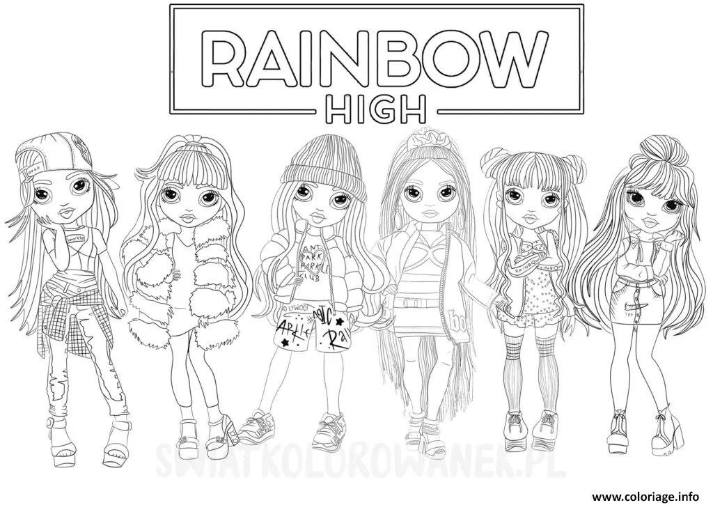 Dessin illustration de six personnages rainbow high en noir et blanc Coloriage Gratuit à Imprimer