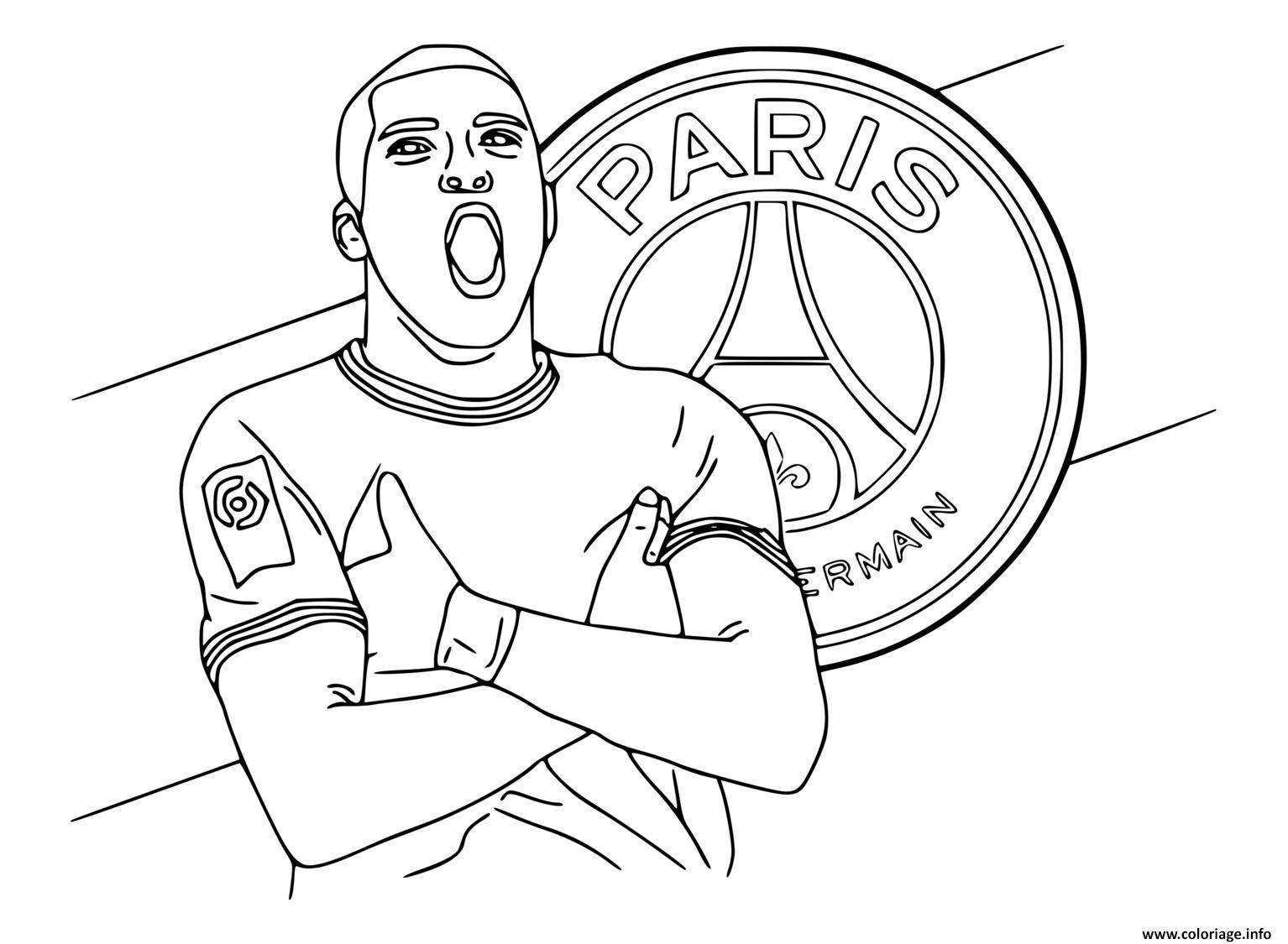 Dessin kylian mbappe joueur de football celebrant devant logo du psg Coloriage Gratuit à Imprimer