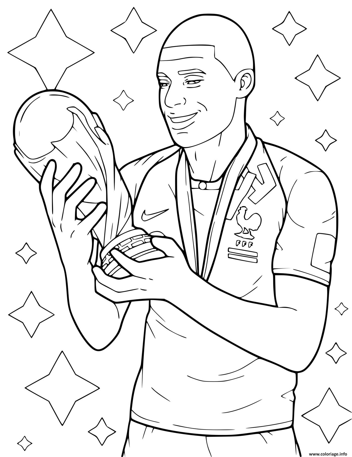 Dessin kylian mbappe joueur de football tenant un trophee Coloriage Gratuit à Imprimer