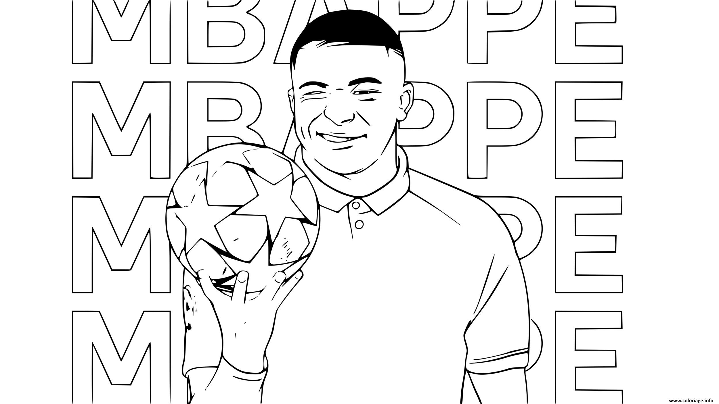 Dessin kylian mbappe portrait de joueur de football souriant avec ballon Coloriage Gratuit à Imprimer