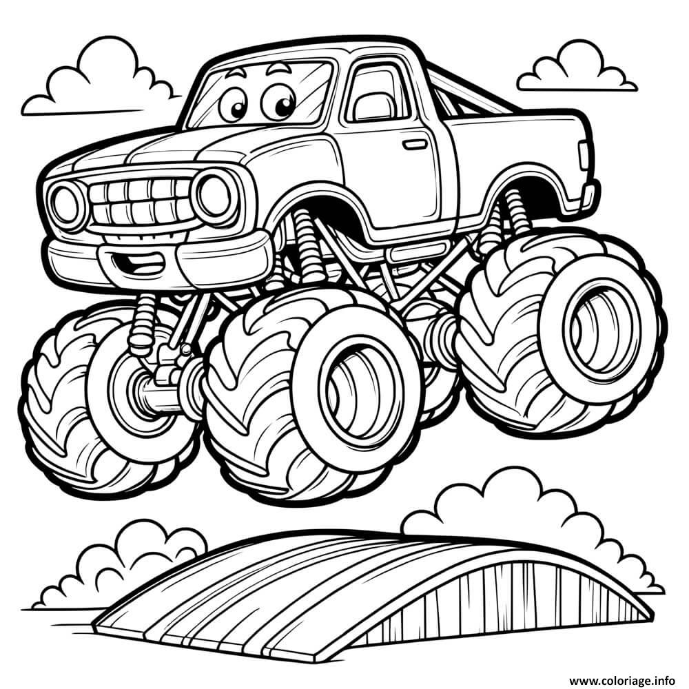 Dessin monstertruck springt ueber rampe kostenlose malvorlage Coloriage Gratuit à Imprimer