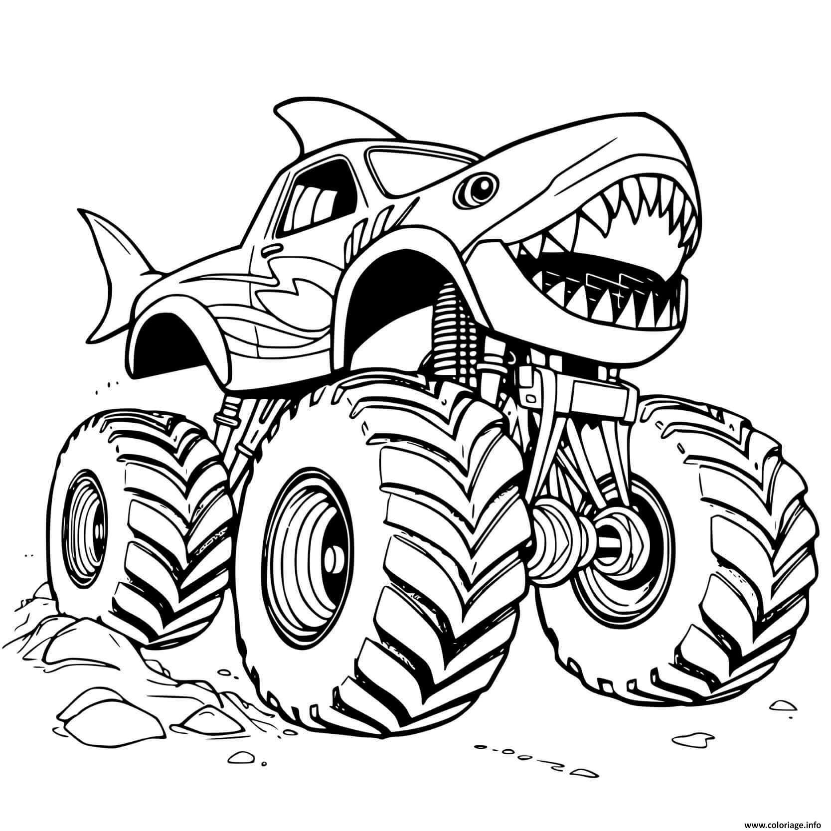 Dessin monster truck requin grand Coloriage Gratuit à Imprimer