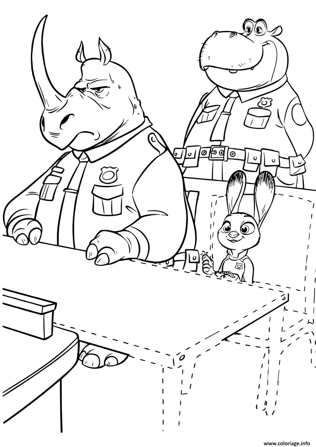 Dessin judy hopps avec des officiers rhinoceros et hippopotame a zootopie Coloriage Gratuit à Imprimer