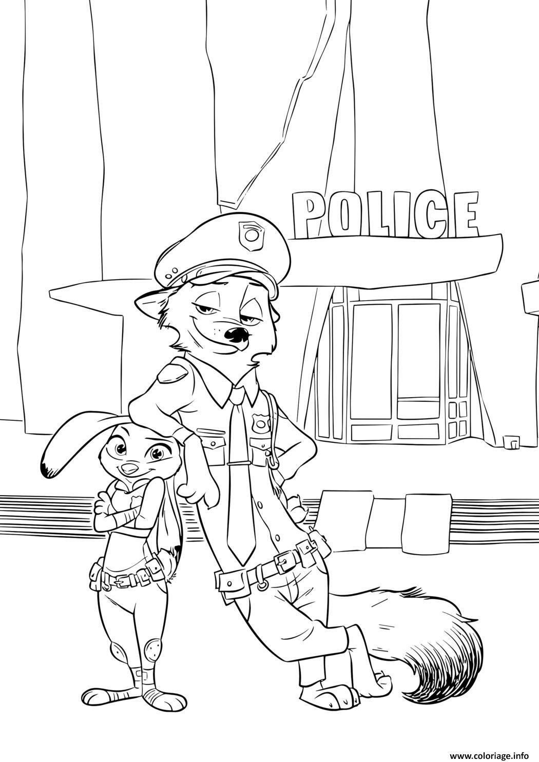 Dessin nick et judy devant le commissariat de zootopie Coloriage Gratuit à Imprimer