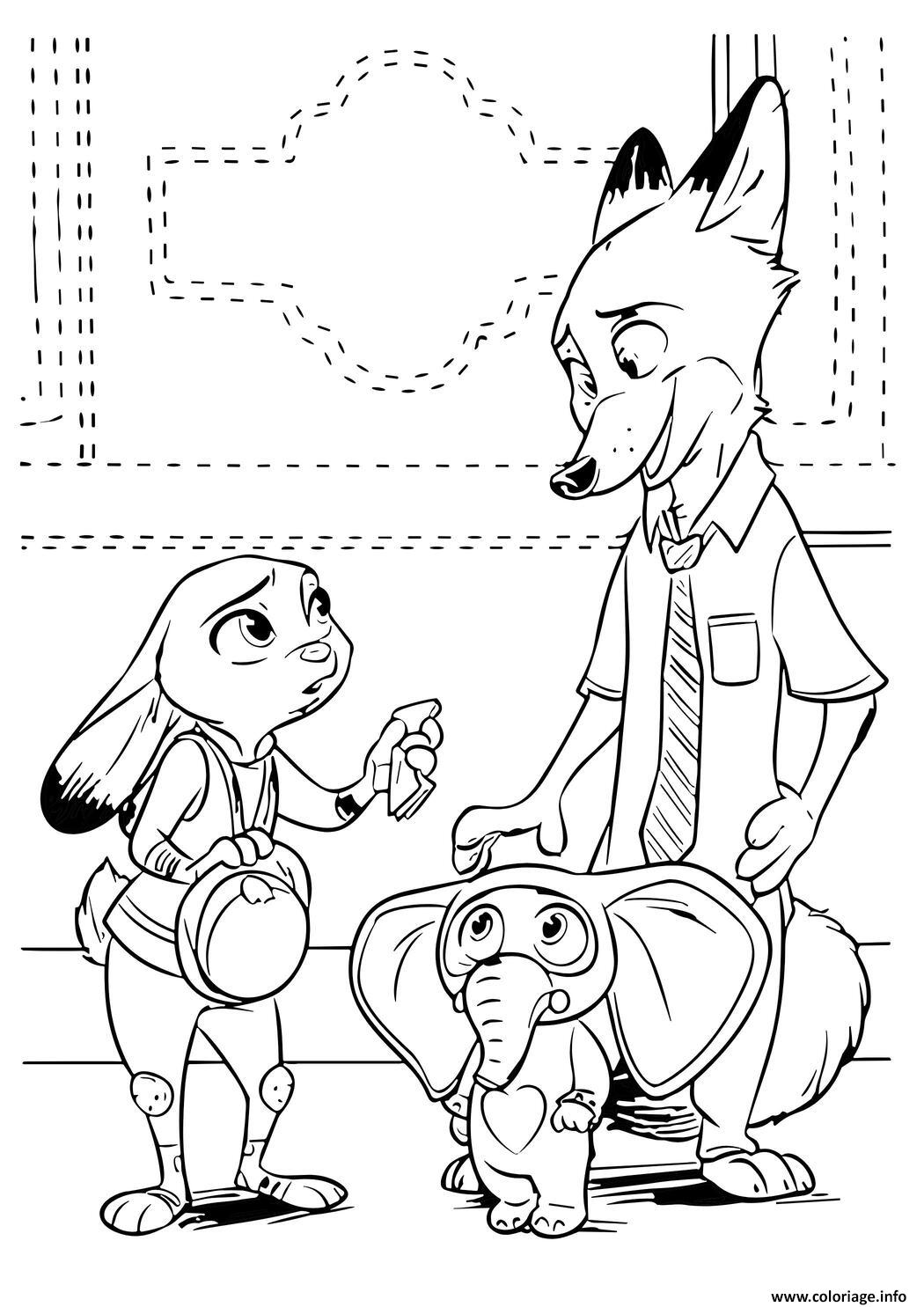 Dessin nick wilde et judy hopps discutent avec un elephant enfant Coloriage Gratuit à Imprimer