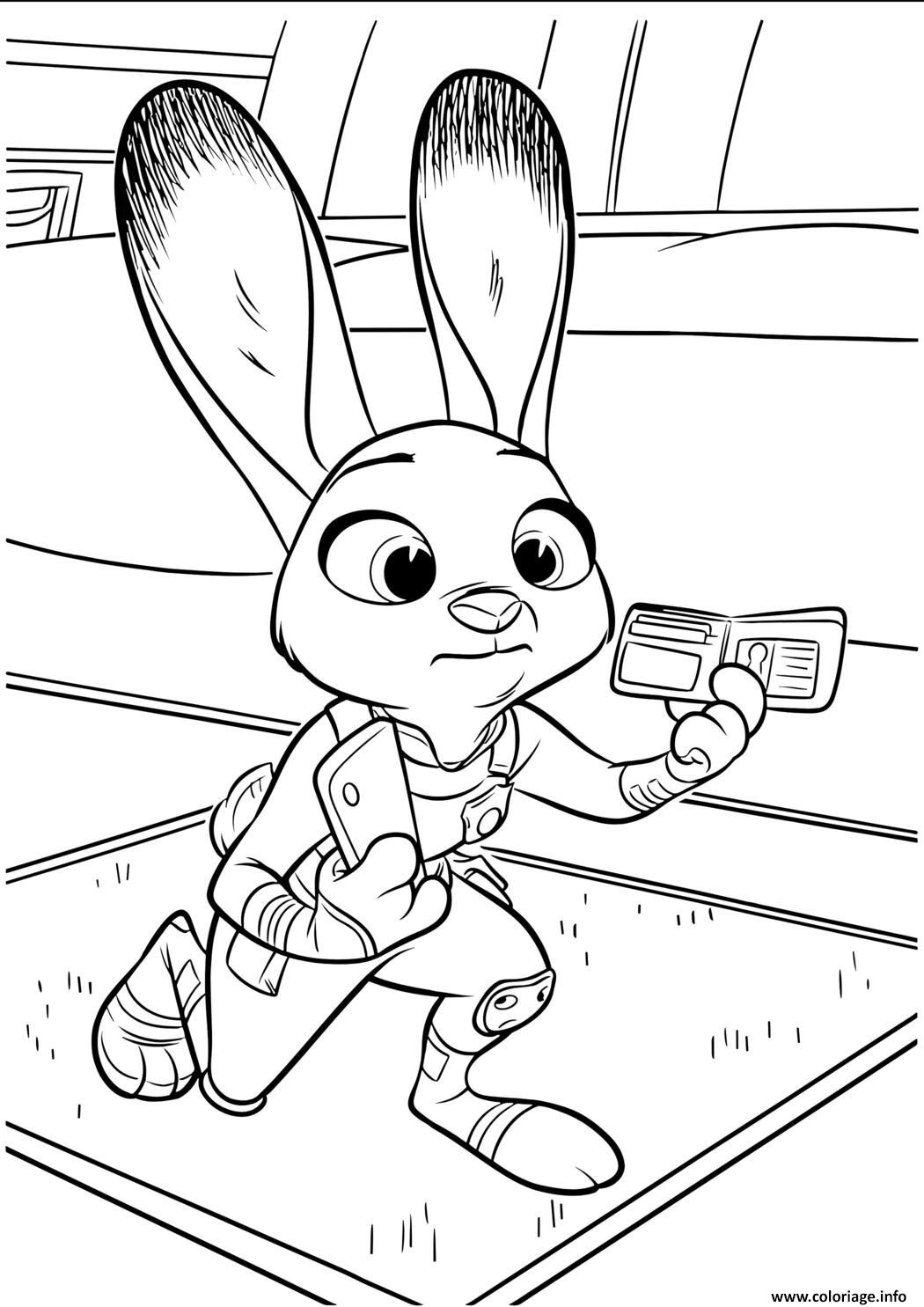 Dessin judy hopps en action avec un portefeuille et un smartphone Coloriage Gratuit à Imprimer