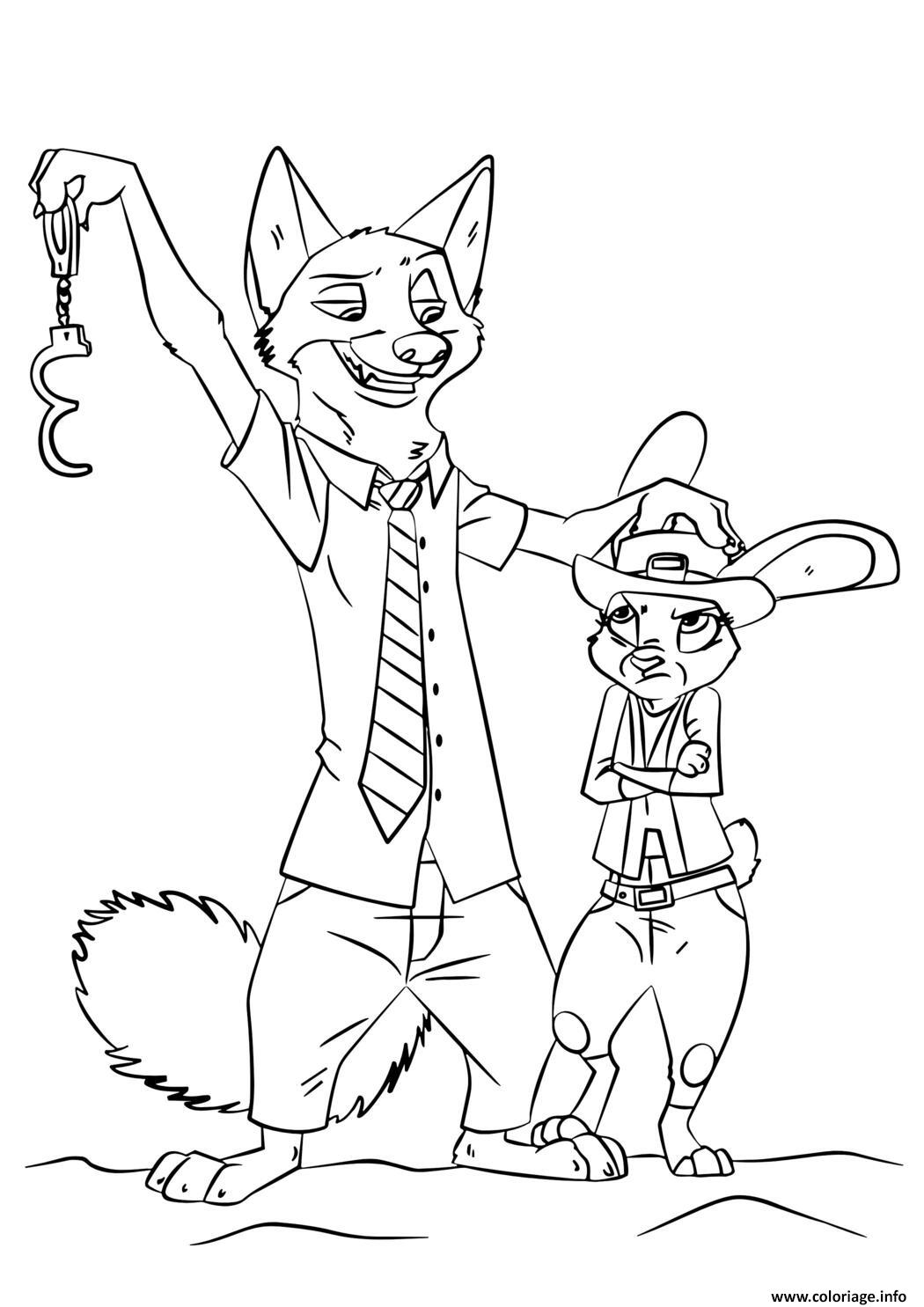 Dessin nick et judy de zootopie en noir et blanc Coloriage Gratuit à Imprimer