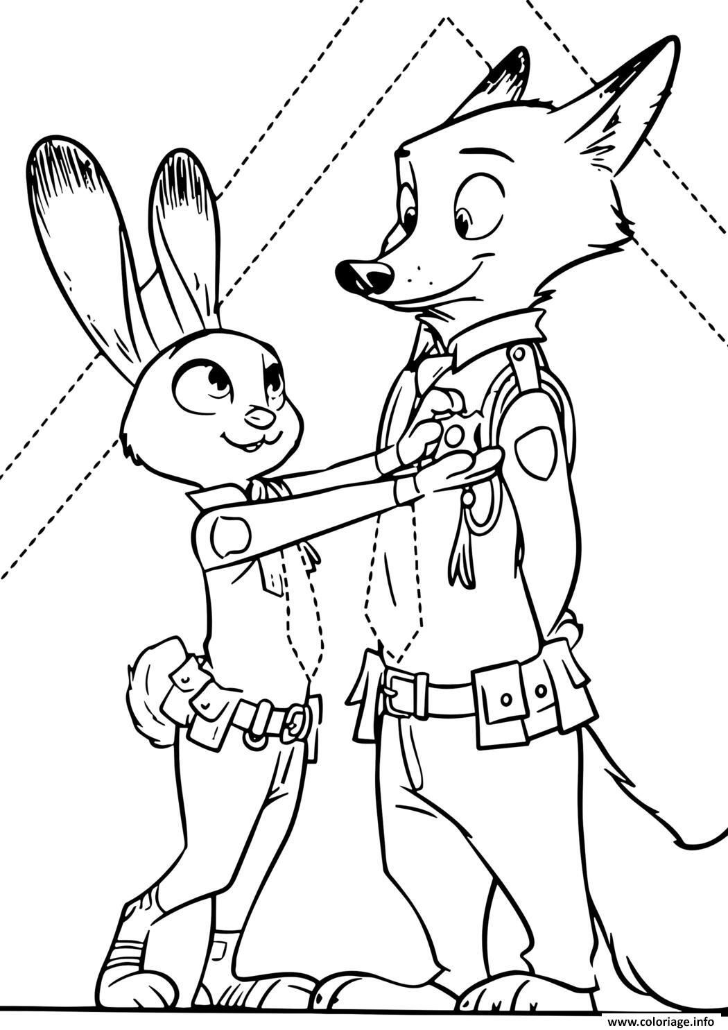 Dessin judy hopps et nick wilde zootopie interaction Coloriage Gratuit à Imprimer