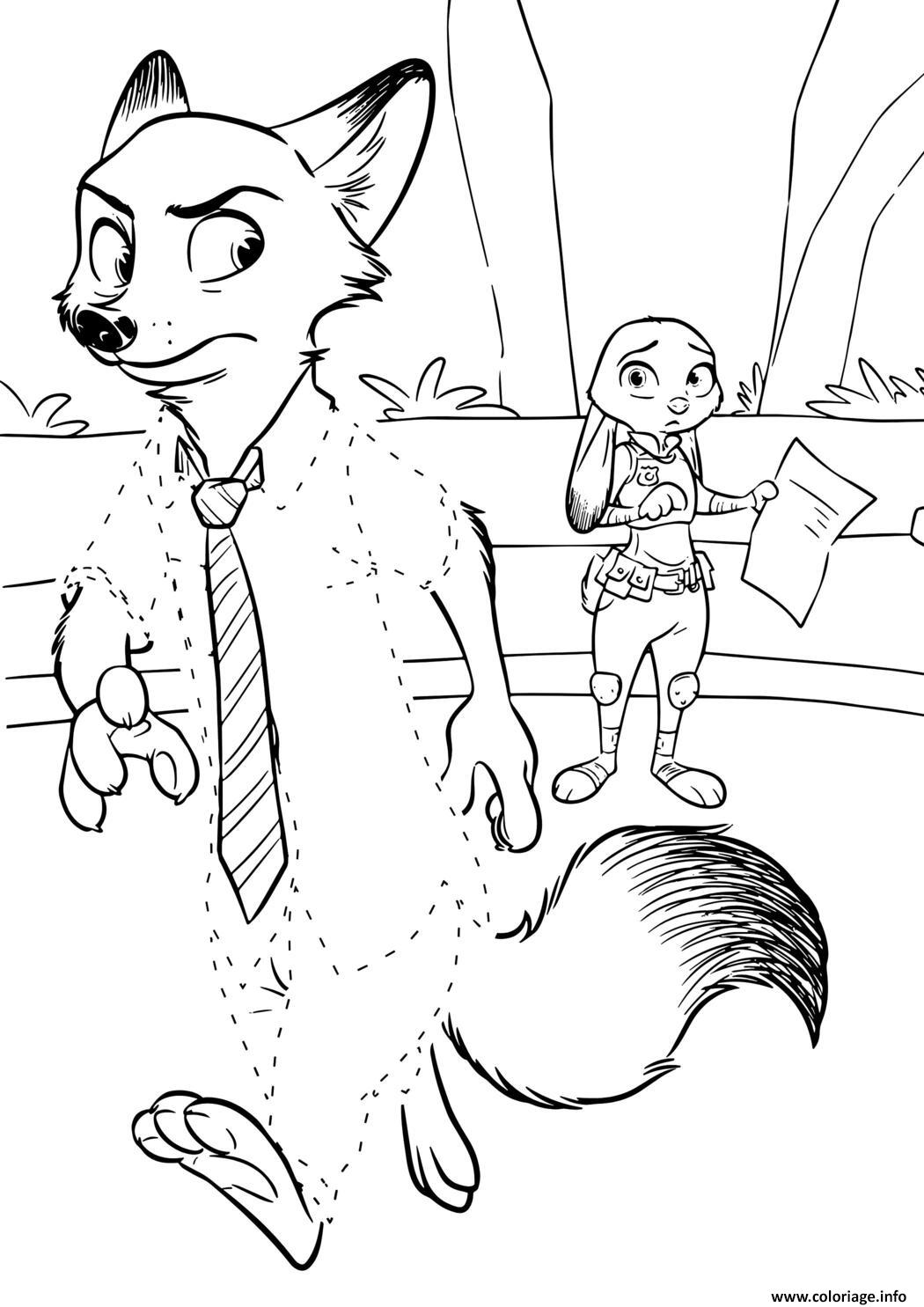 Dessin nick wilde et judy hopps dans un parc de zootopie Coloriage Gratuit à Imprimer