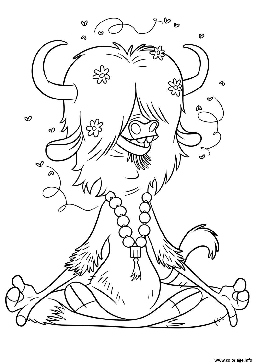 Dessin yeti en meditation avec collier et fleurs Coloriage Gratuit à Imprimer