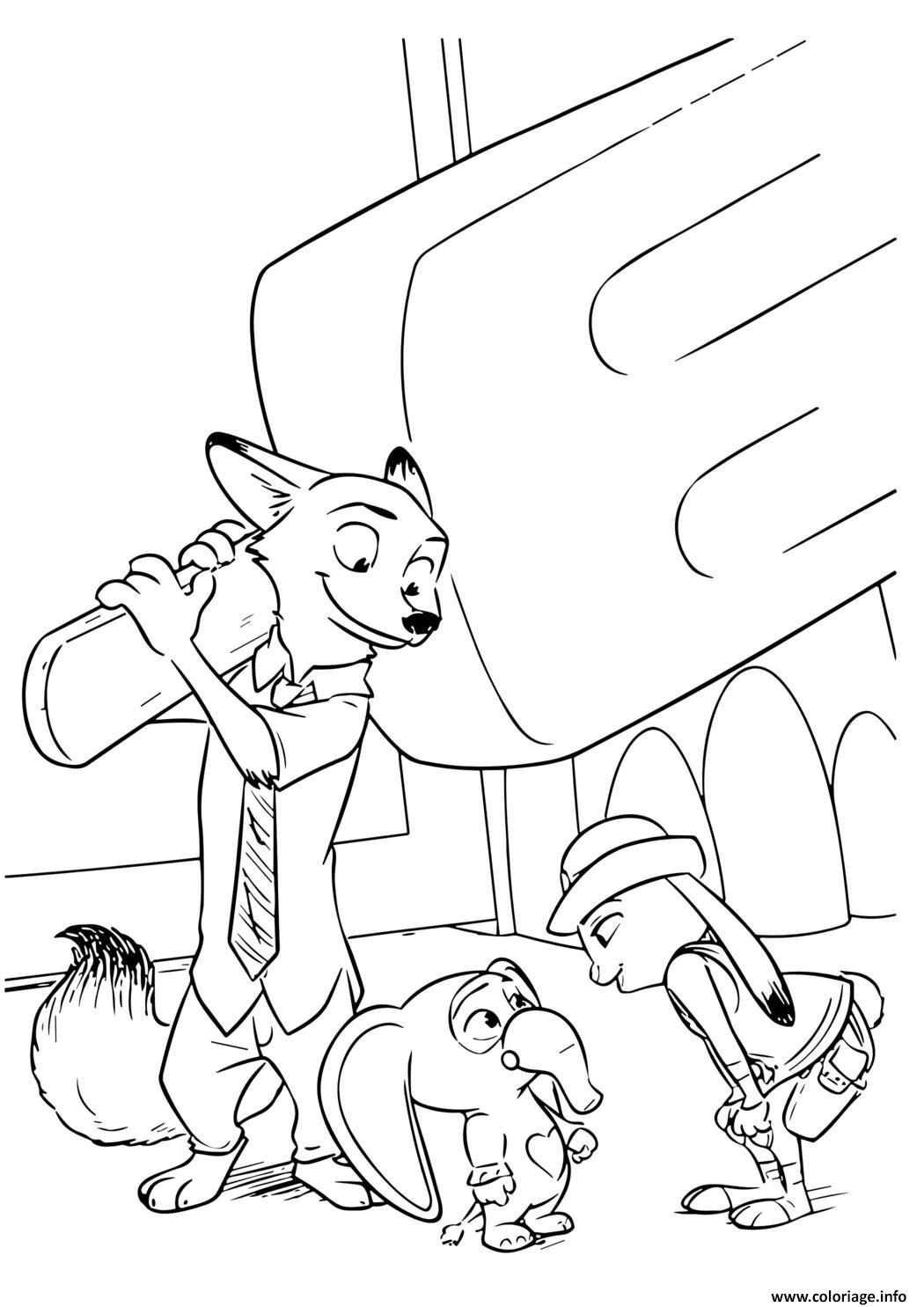 Dessin nick wilde avec un sac et judy hopps discutant avec un elephant a zootopie Coloriage Gratuit à Imprimer