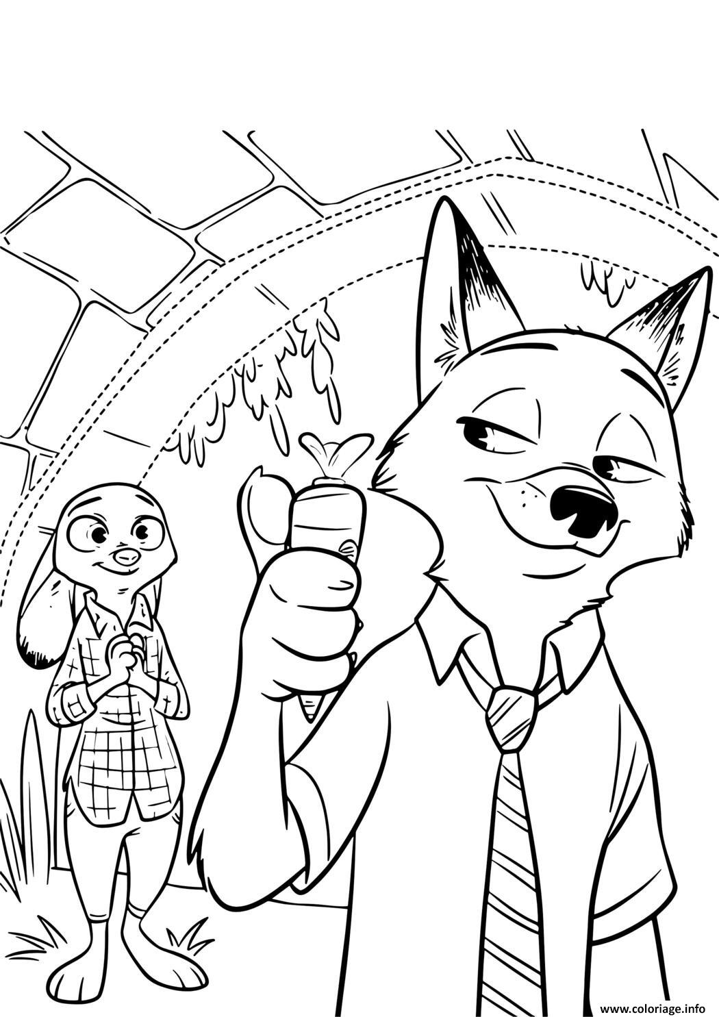 Dessin nick wilde et judy hopps de zootopie avec une carotte Coloriage Gratuit à Imprimer