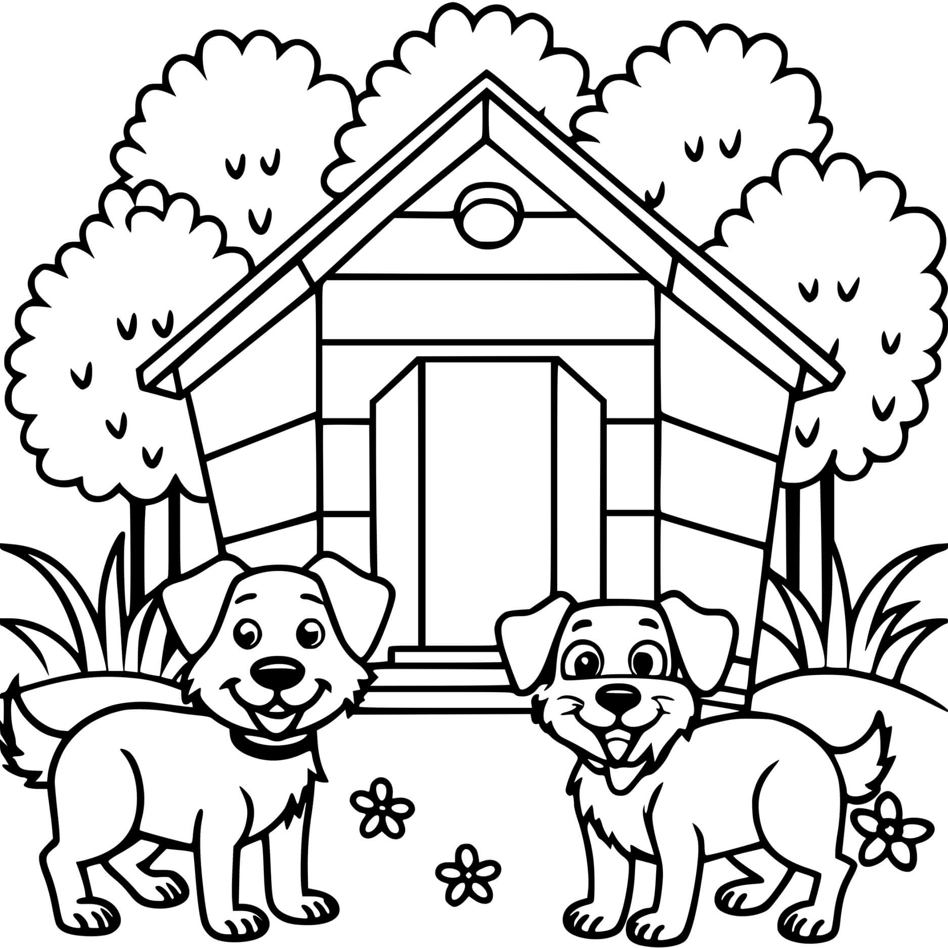Coloriage 2 Chiens Adorables Devant Une Maison - Chien à imprimer