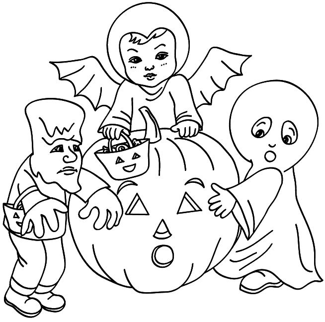 Coloriage 3 Enfants Déguisés Pour Halloween Avec Une Citrouille - Halloween citrouille à imprimer