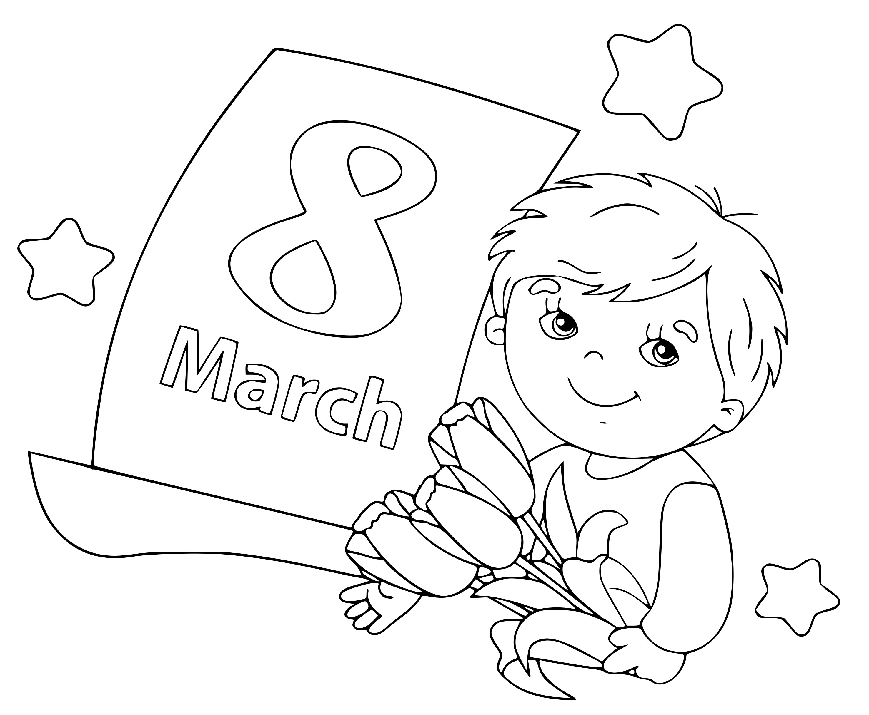 Coloriage 8 March Boy Flowers - Journée de la femme 8 mars à imprimer
