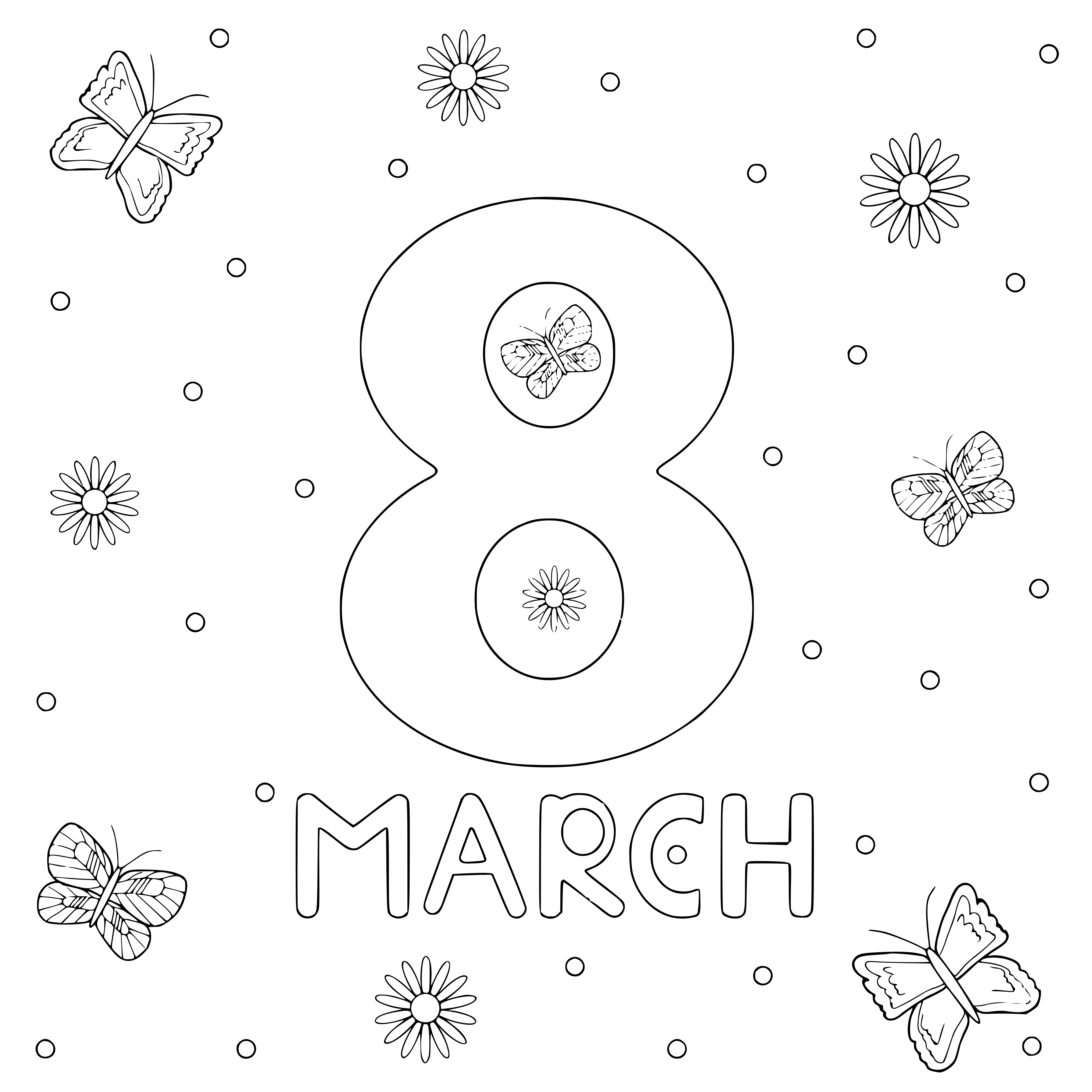 Coloriage 8 March Butterfly Flower - Journée de la femme 8 mars à imprimer