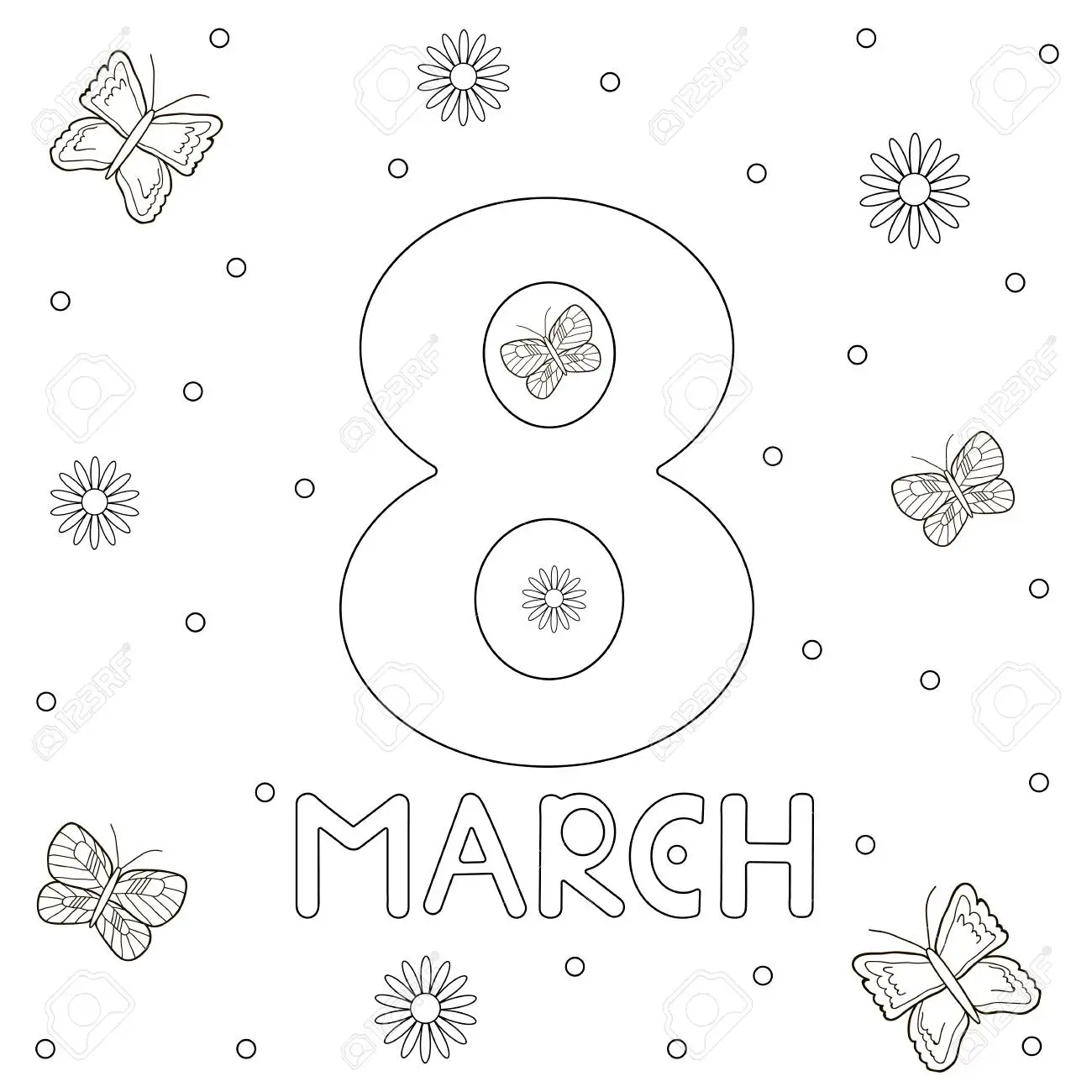 Coloriage 8 March Butterfly Flower - Journée de la femme 8 mars à imprimer