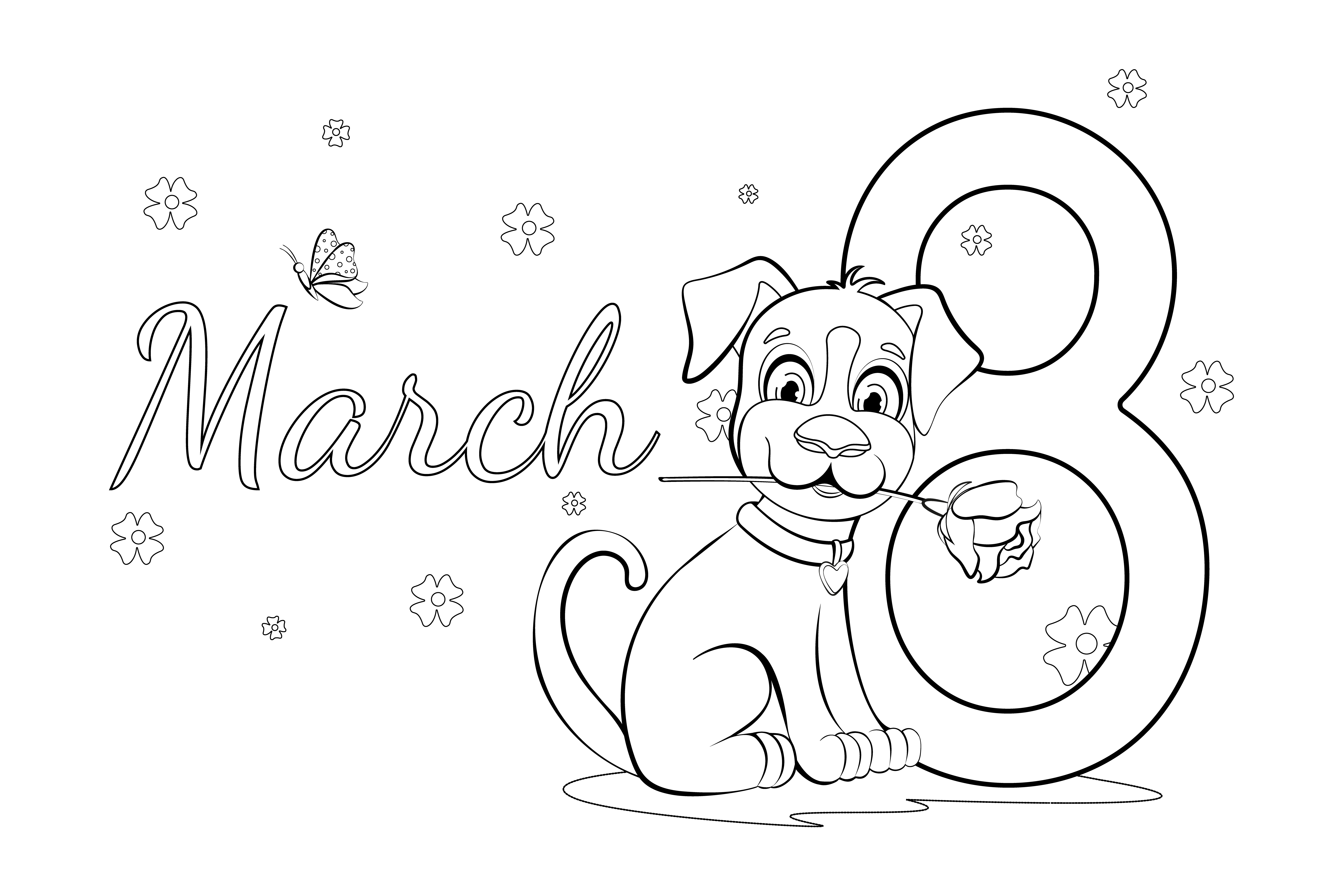 Coloriage 8 March Dog Flower Love - Journée de la femme 8 mars à imprimer