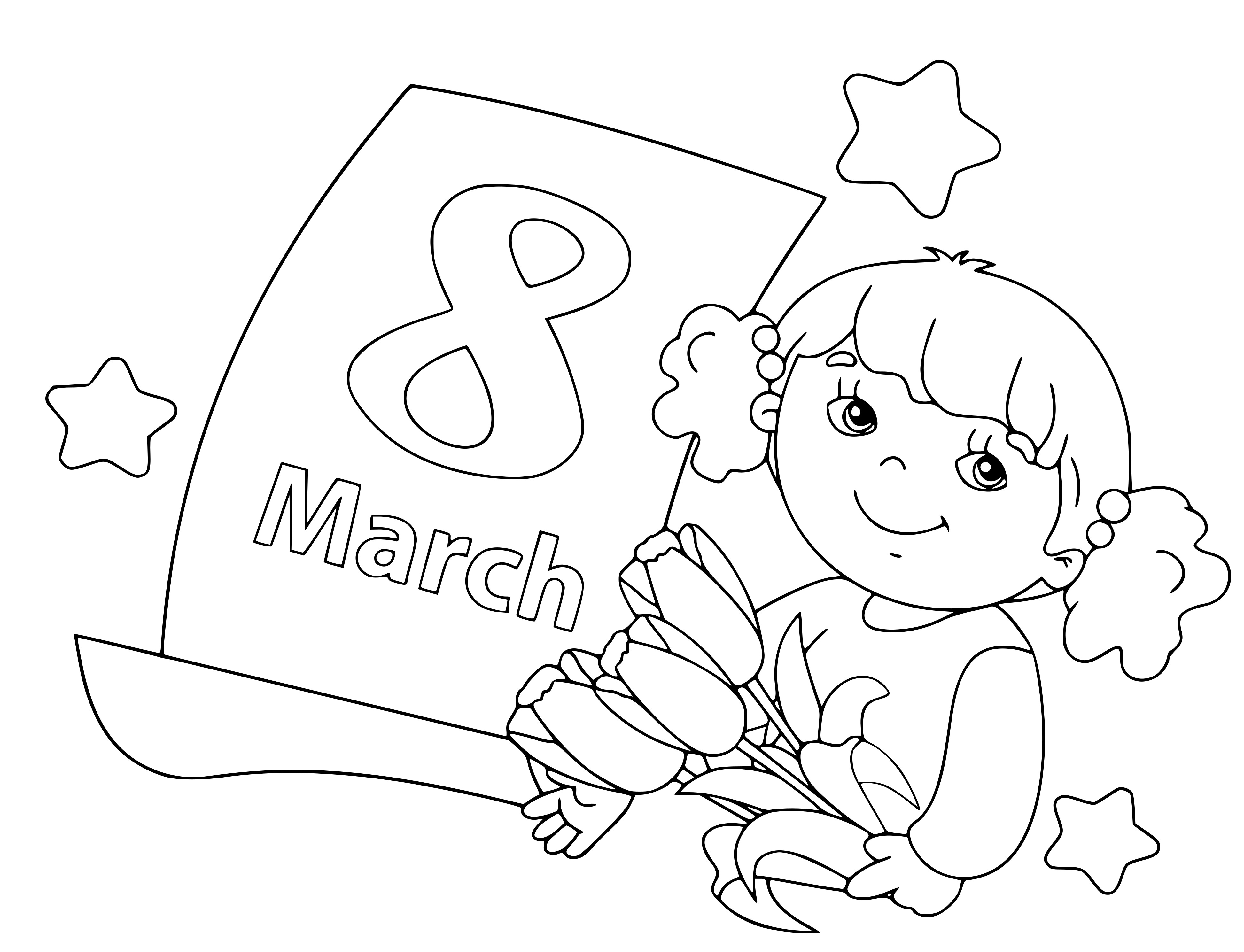 Coloriage 8 March Girl Flowers - Journée de la femme 8 mars à imprimer