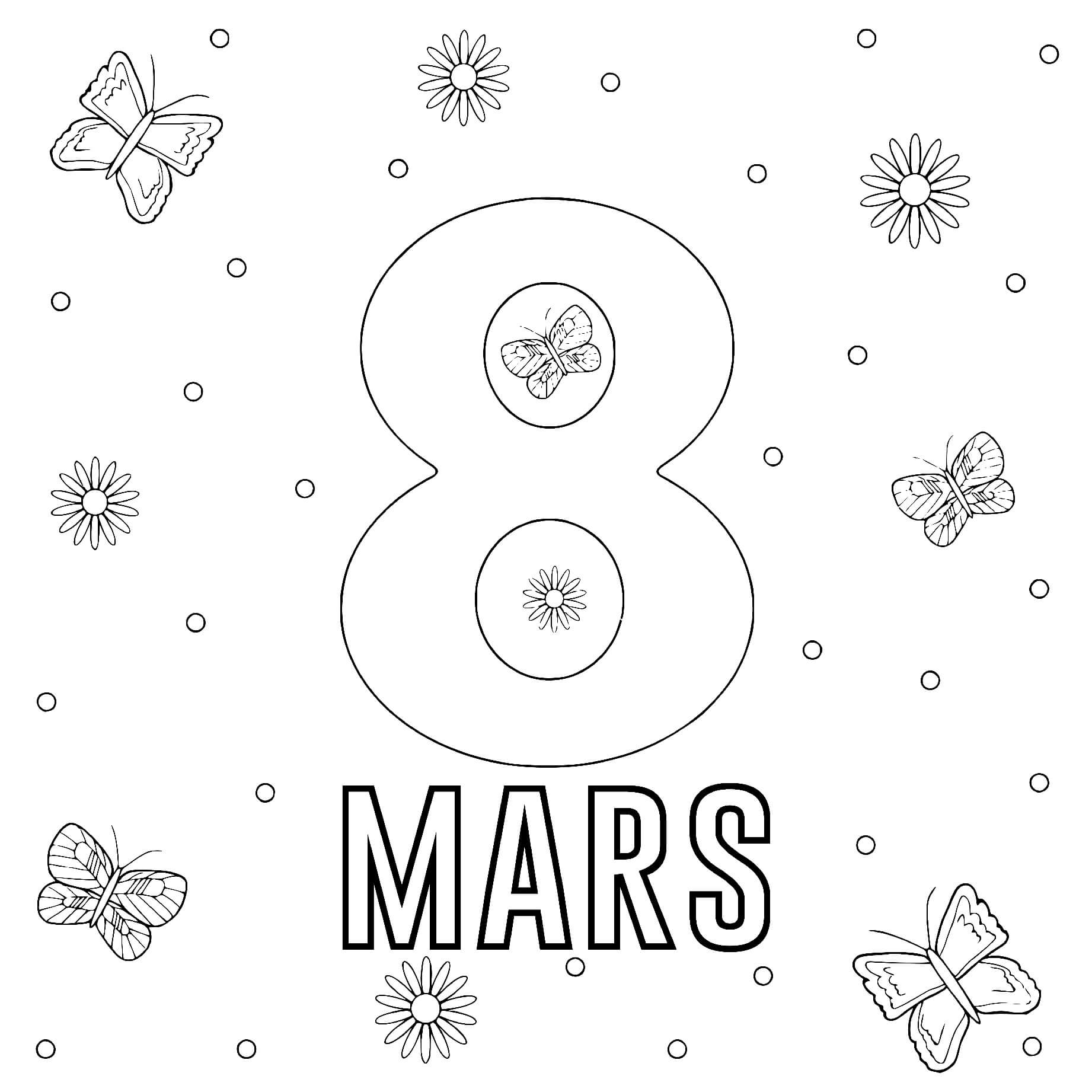 Coloriage 8 Mars Papillons Fleurs Journée Des Droits De La Femme - Journée de la femme 8 mars à imprimer