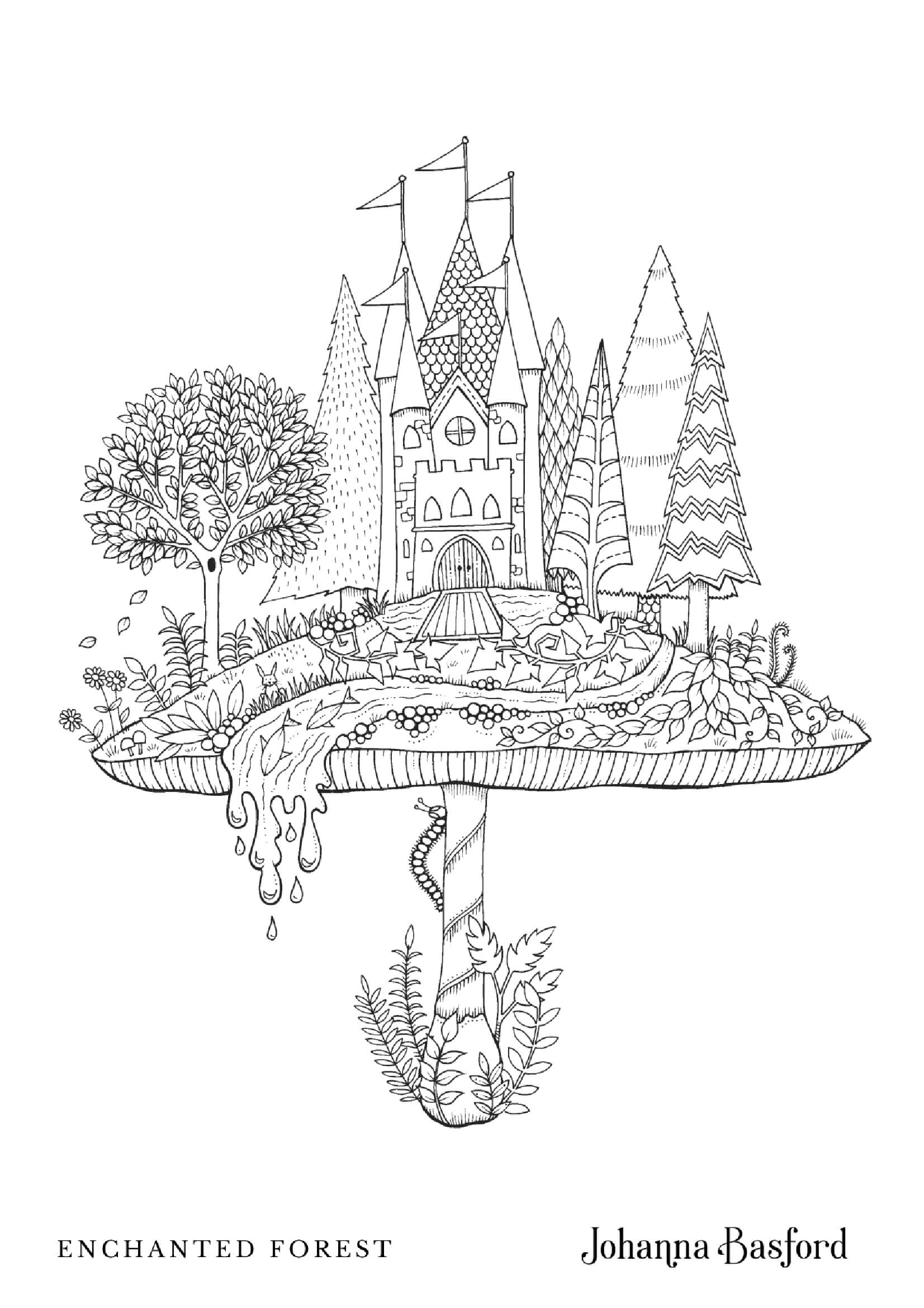 Coloriage Château de champignons enchanté - Adulte par johanna basford à imprimer
