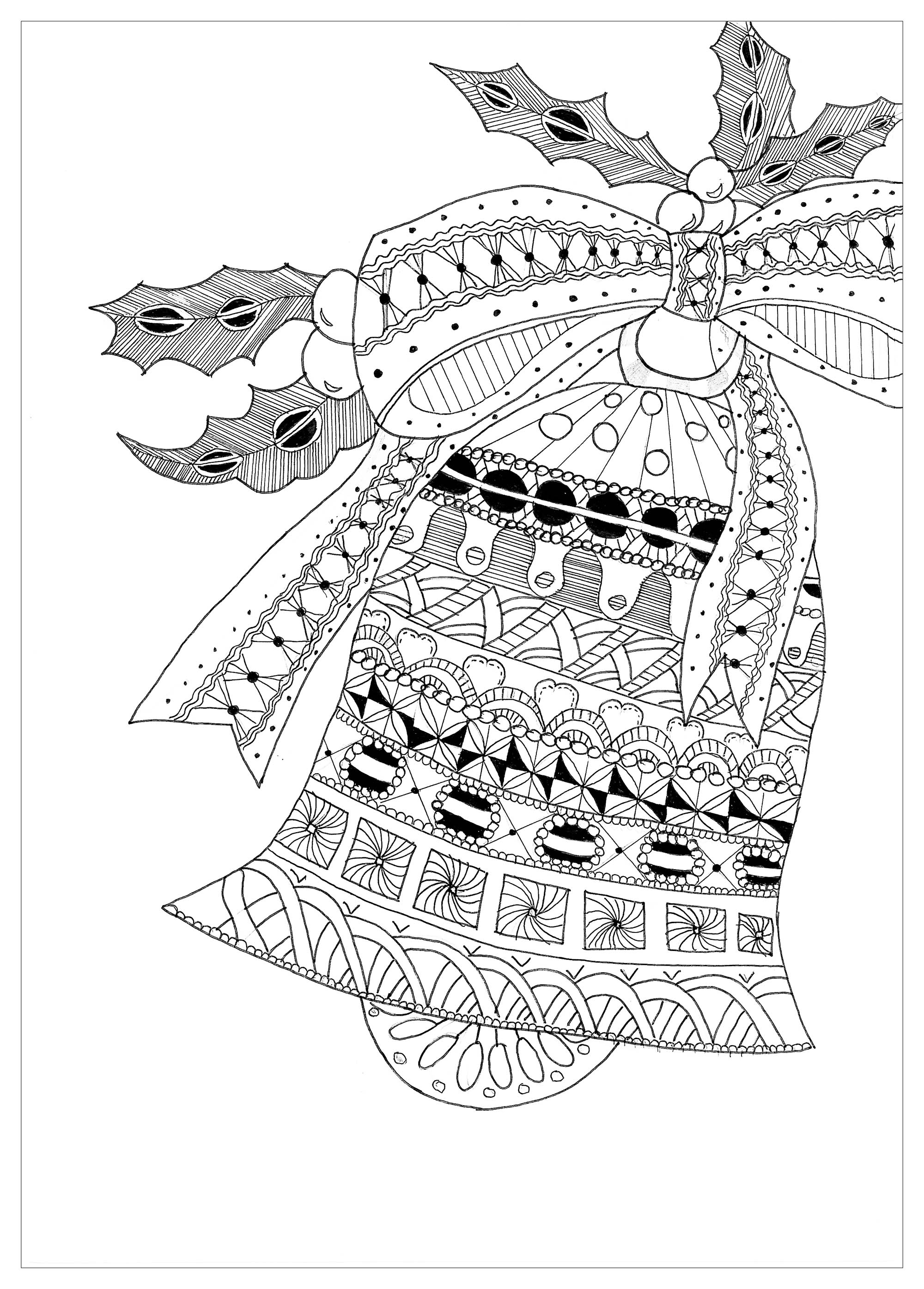 Coloriage Adulte Zentangle Cloche Noël - Noël adulte à imprimer