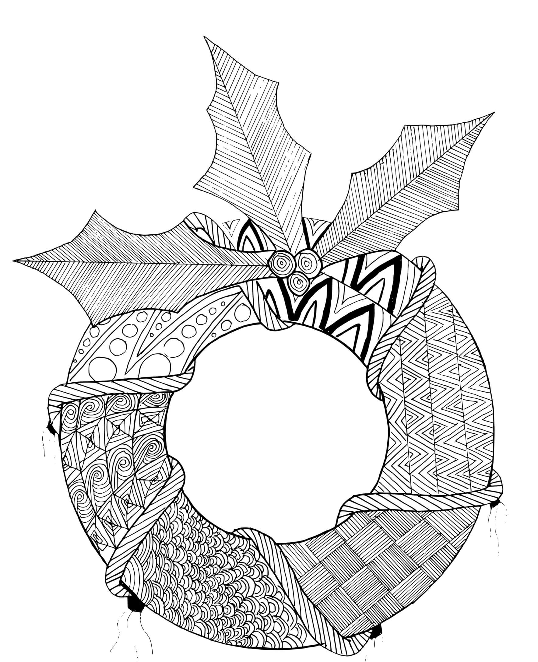 Coloriage Adulte Zentangle Couronne Noël - Couronne de Noël à imprimer