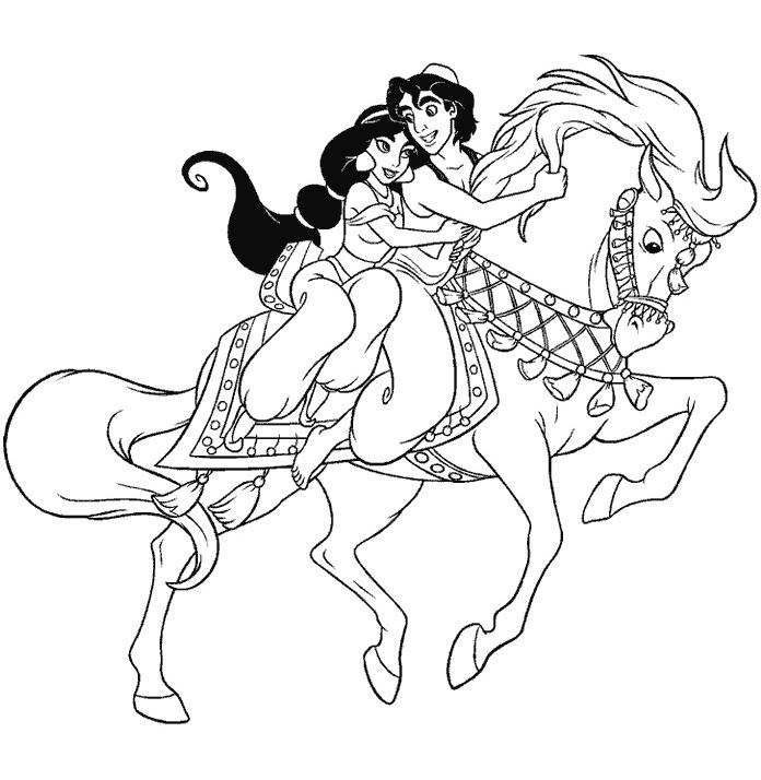 Coloriage Aladdin Et Jasmine Sur Un Cheval - Jasmine à imprimer