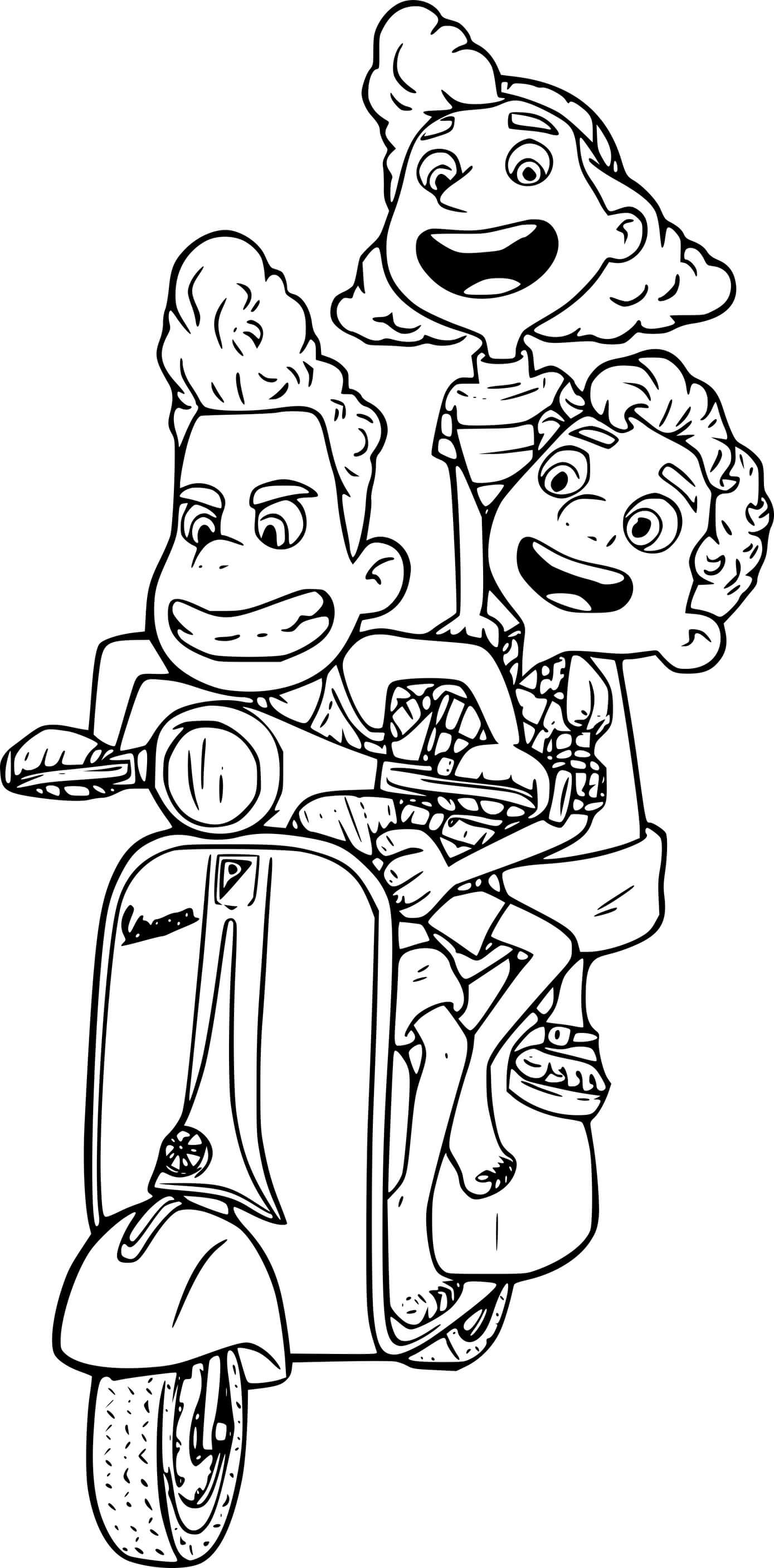 Coloriage Alberto, Giulia et Luca à la Vespa - Luca de Disney Pixar à imprimer