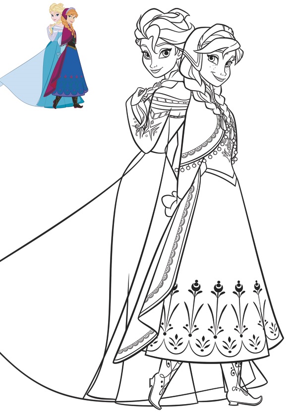 Coloriage Anna et Elsa en robes de gala - La Reine des neiges à imprimer