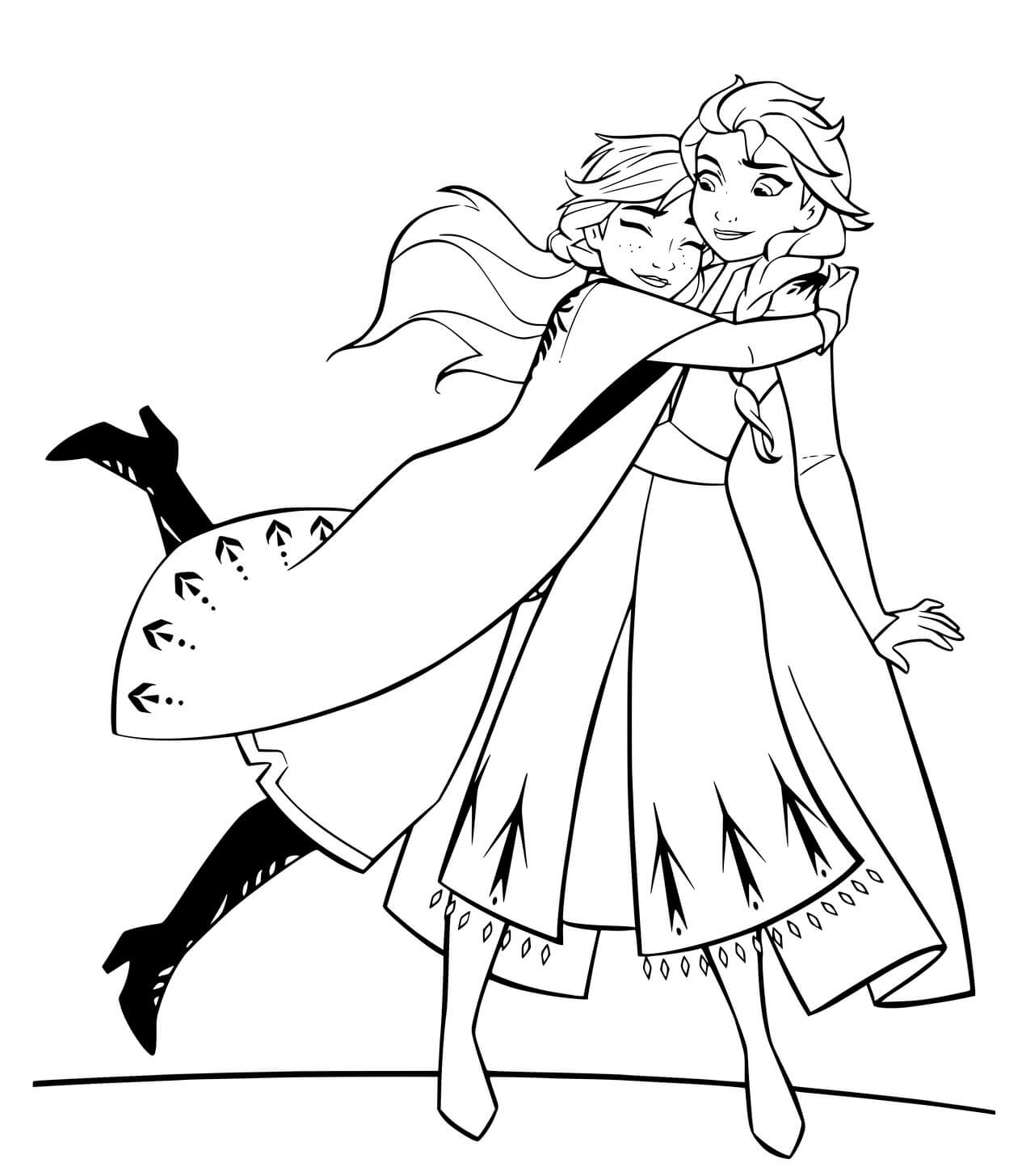 Coloriage Anna Et Elsa Hugging - La Reine des neiges 2 à imprimer
