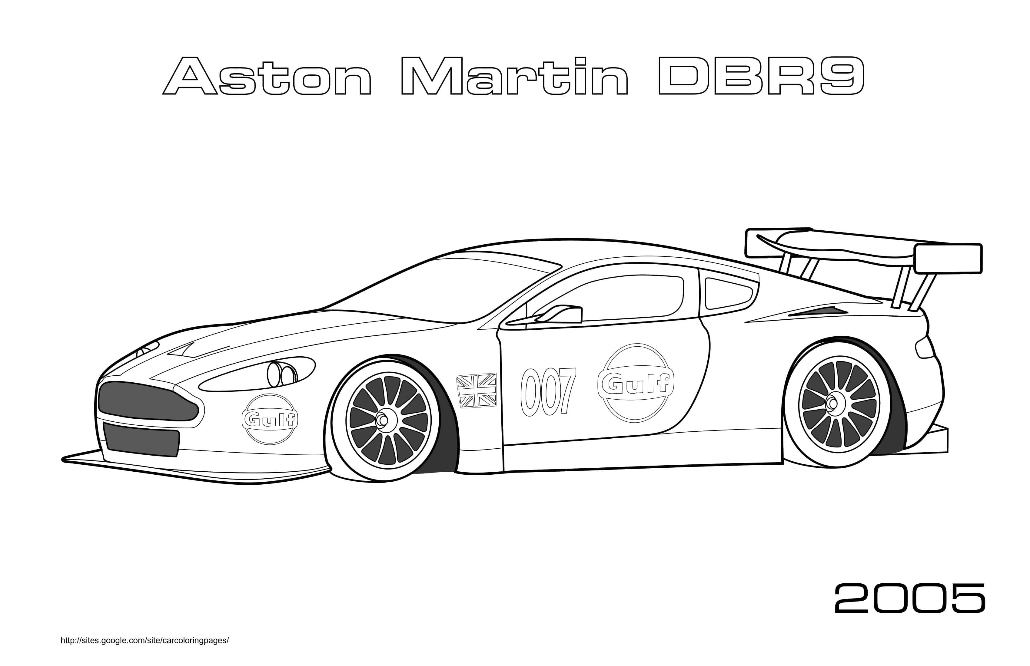 Coloriage Aston Martin DBR9 2005 en piste - Voiture de course à imprimer