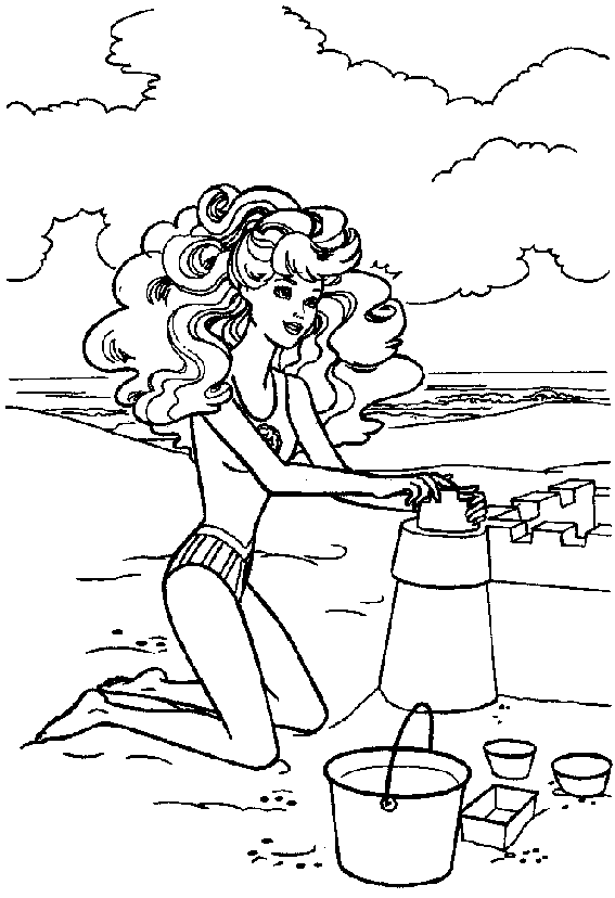 Coloriage Barbie Construit Un Château De Sable - Barbie à imprimer