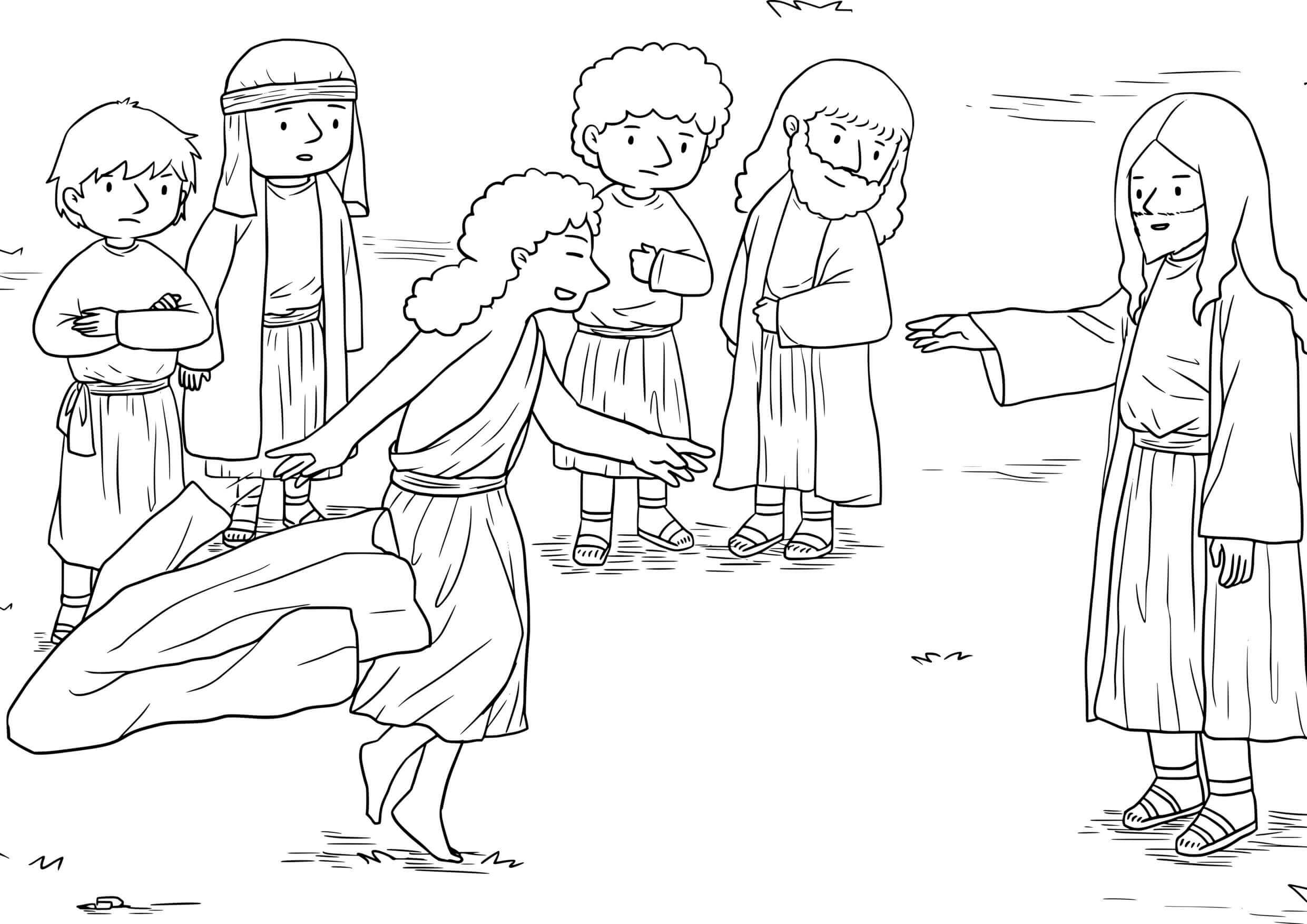 Coloriage Bartimée l'aveugle retrouve la vue - Jésus à imprimer