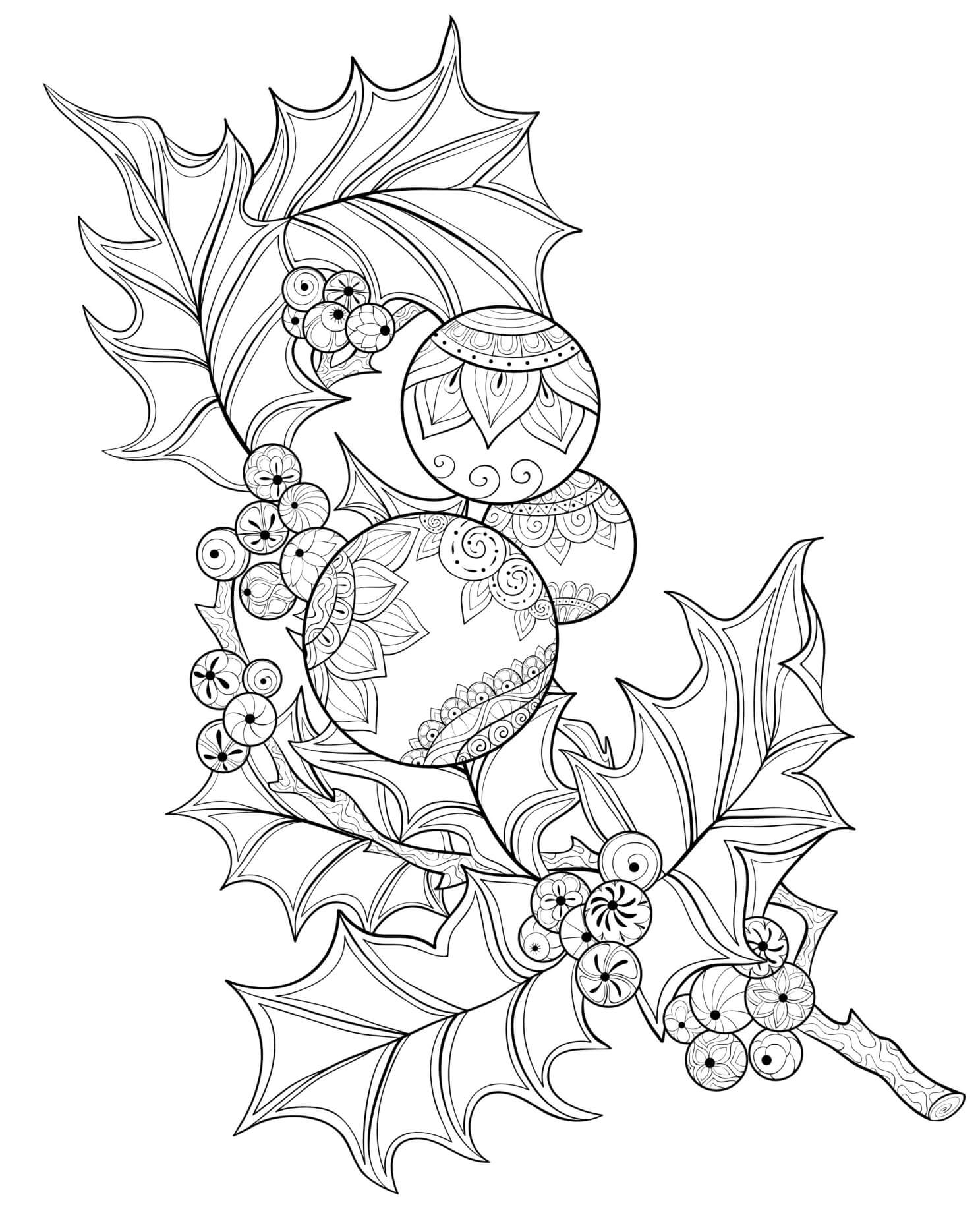 Coloriage Branche De Houx Frais Avec Des Babioles De Noël - Noël adulte à imprimer