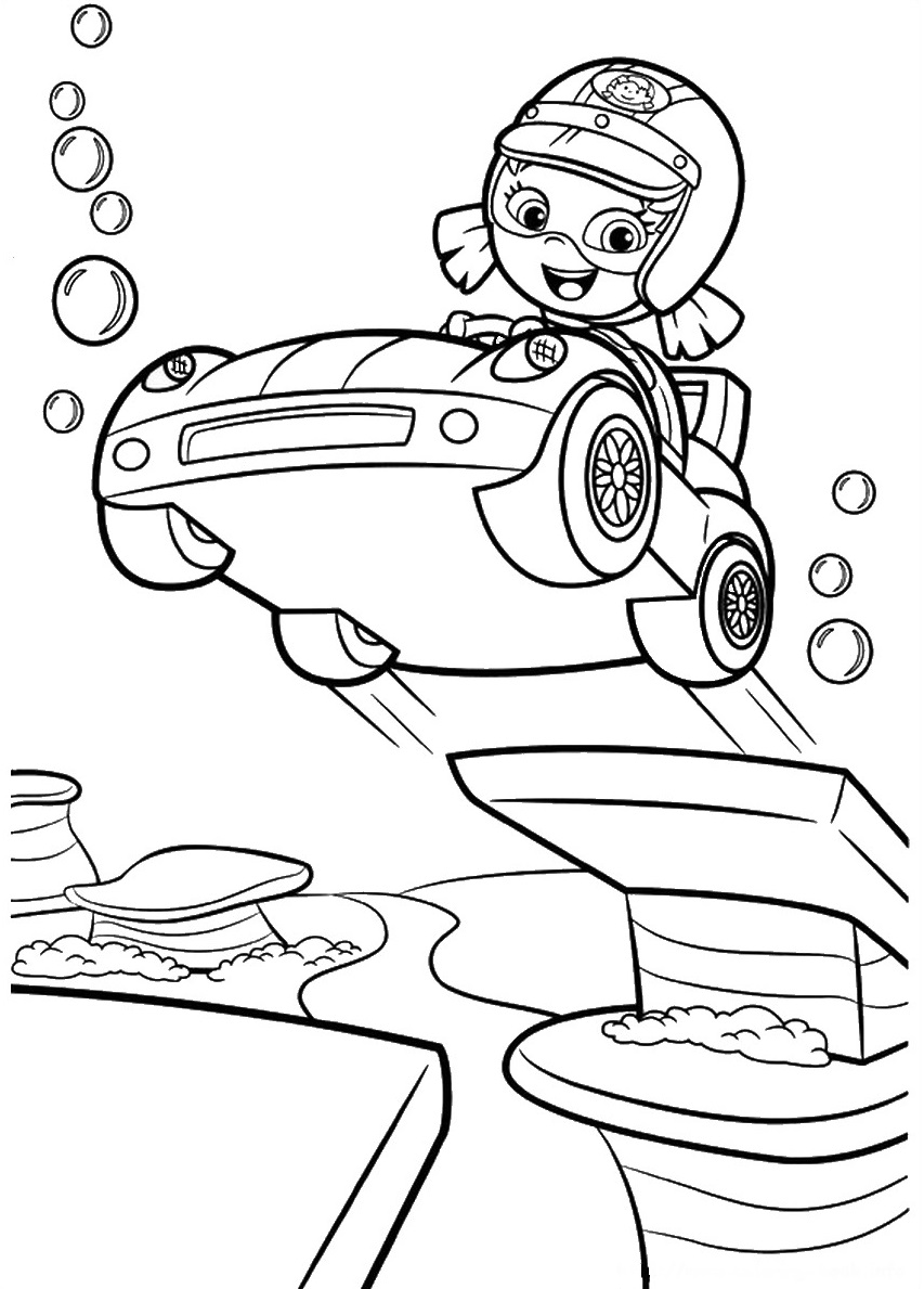 Coloriage Bubble Guppies sautant en voiture - Bubulle guppies à imprimer