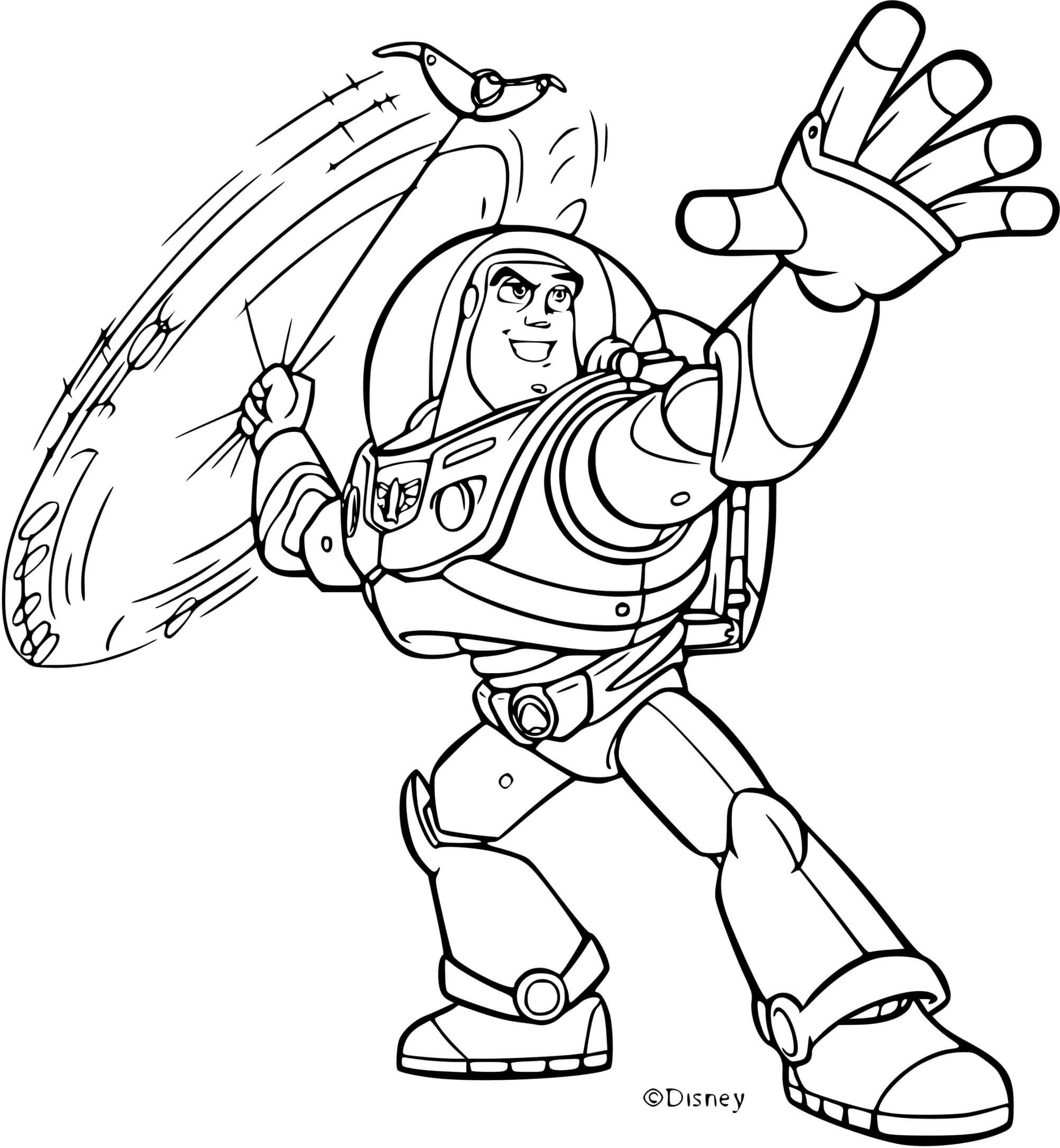 Coloriage Buzz l'Éclair en pose d'action dynamique - Buzz l'Éclair à imprimer