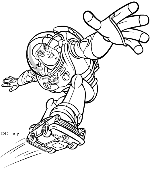 Coloriage Buzz L'Éclair Surfe Sur Une Voiture - Toy story à imprimer