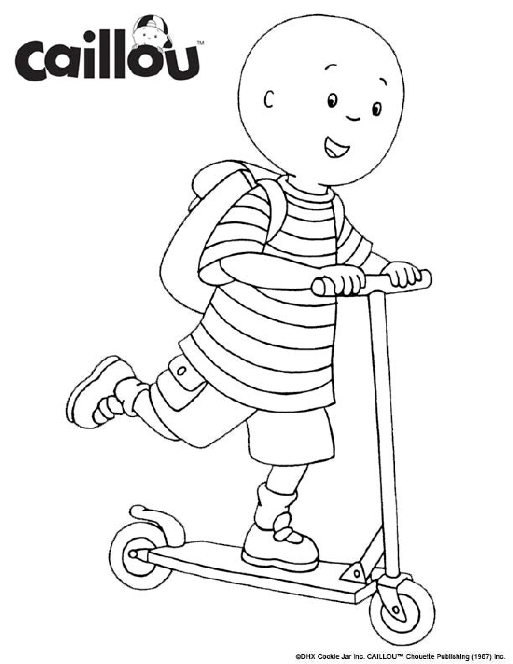 Coloriage Caillou Avec Une Trotinette Electrique - Caillou à imprimer
