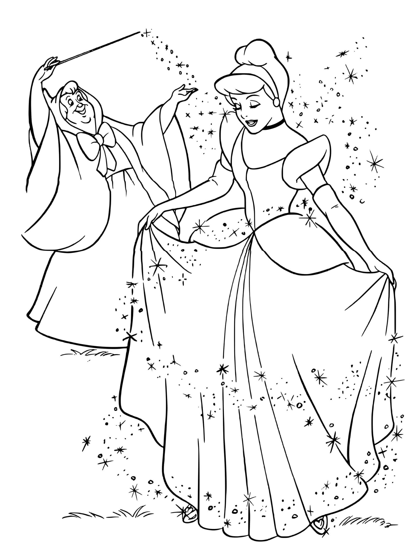 Coloriage Cendrillon en bal de minuit - Princesse disney à imprimer