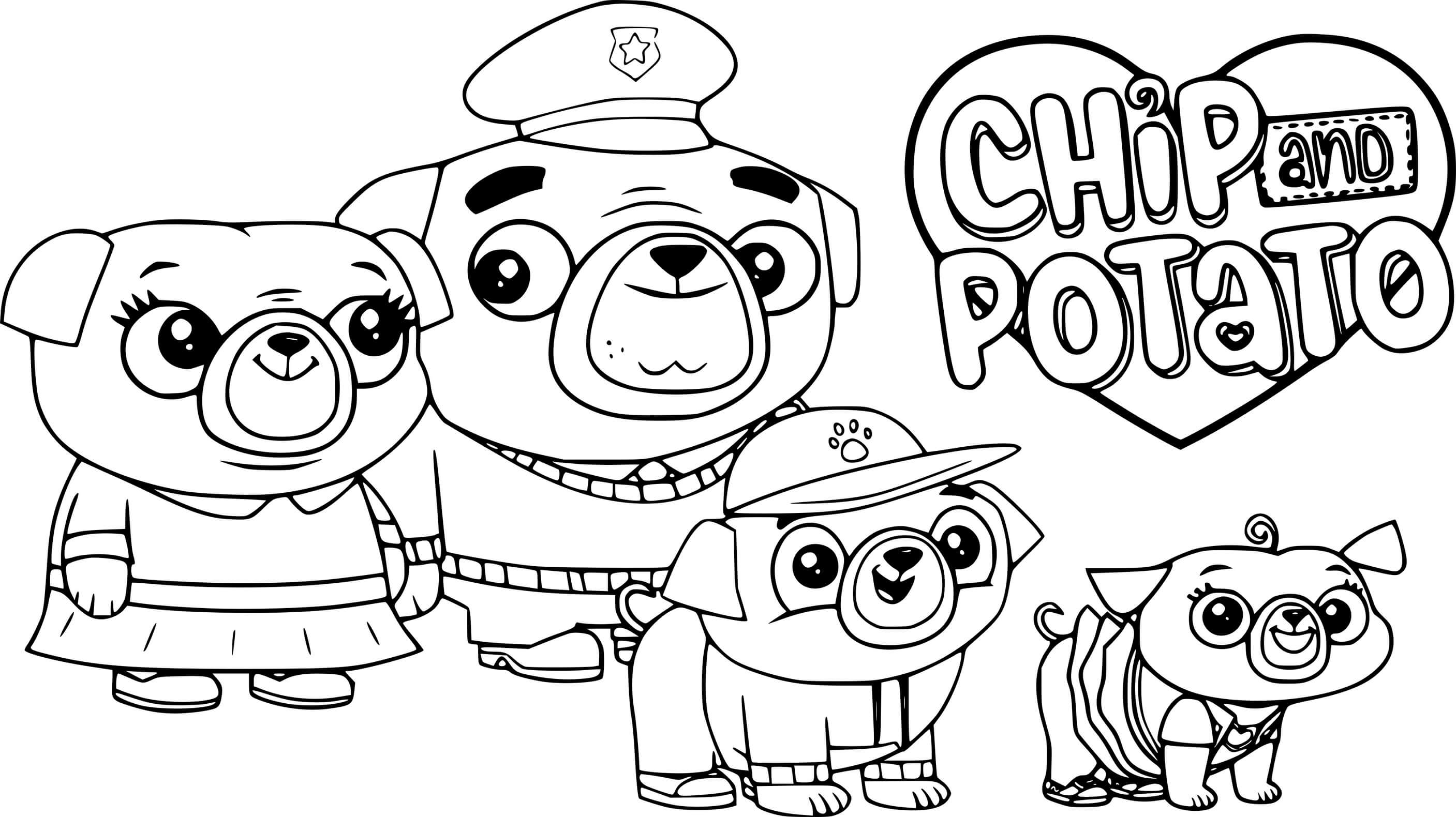 Coloriage Chip Pug Family - Chip et patate à imprimer