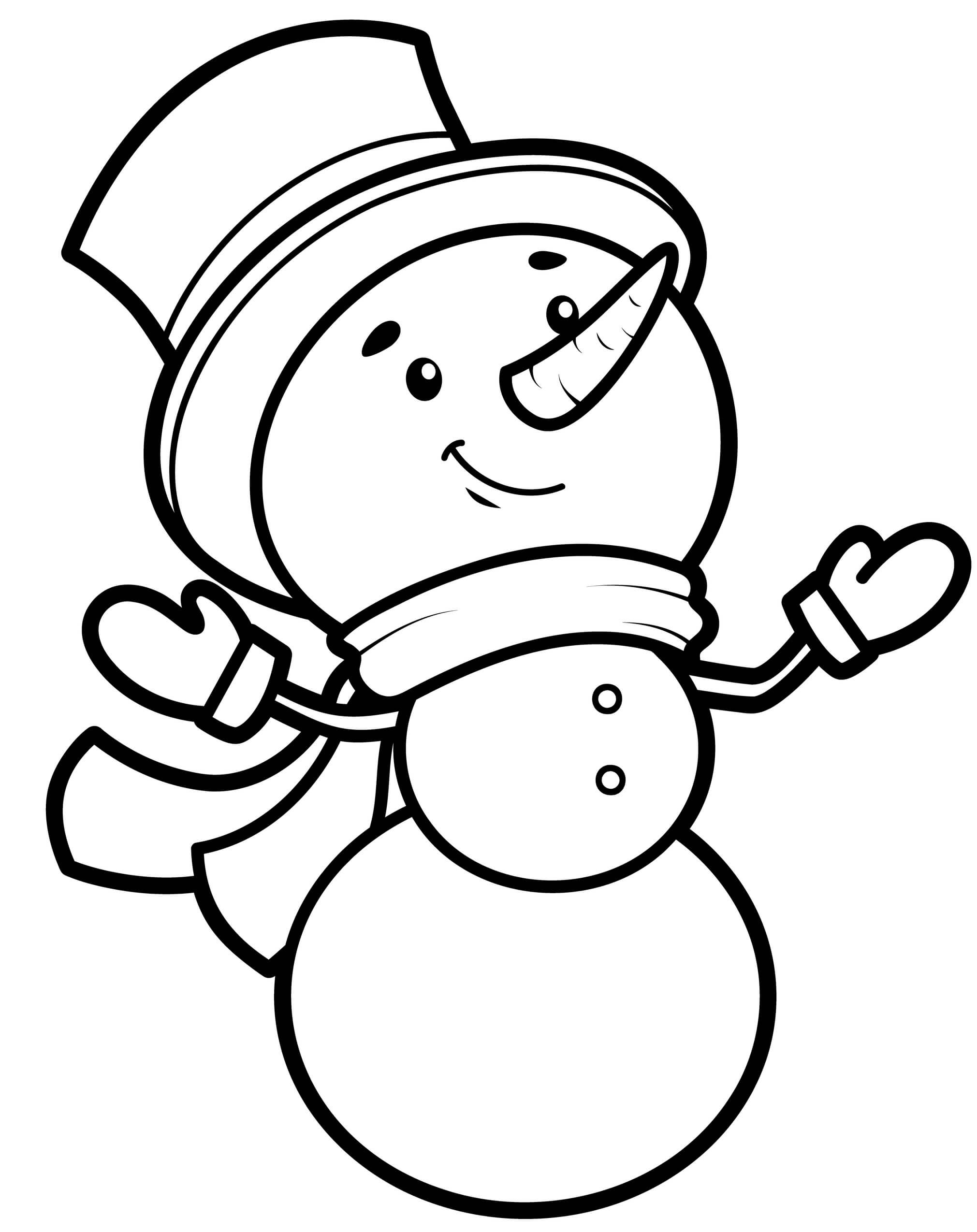 Coloriage Bonhomme de neige souriant avec écharpe colorée - Bonhomme de neige à imprimer