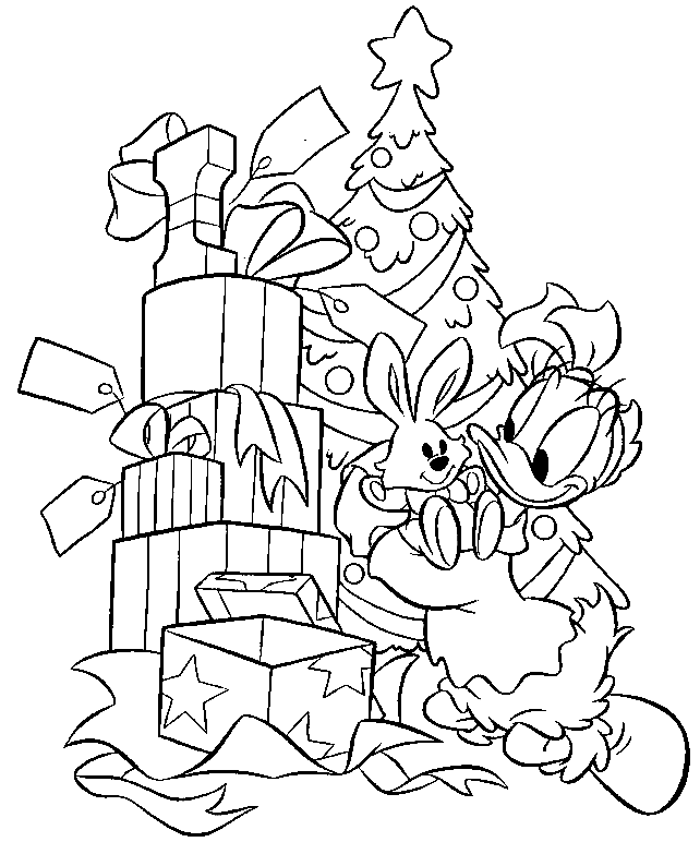 Coloriage Dessin De Daisy Devant Un Sapin De Noël Et Des Cadeaux - Sapin Noël à imprimer