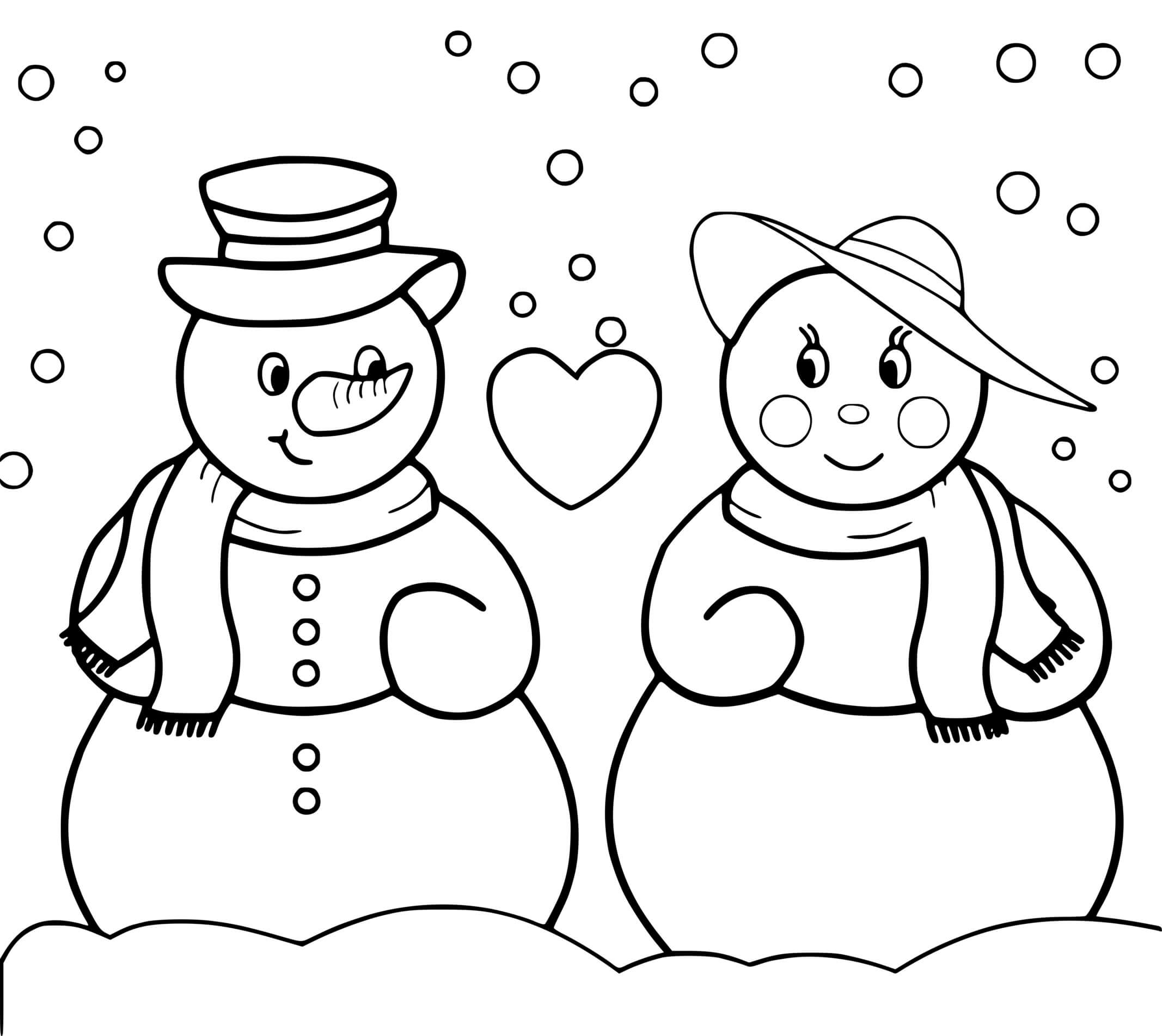 Coloriage Deux Bonhommes De Neige Amoureux - Hiver à imprimer