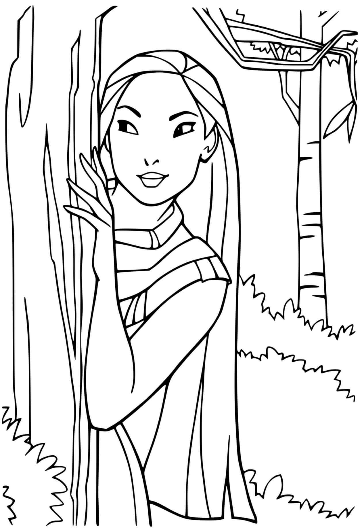 Coloriage Disney Princesse Pocahontas Se Cache Derrière Un Arbre - Pocahontas à imprimer