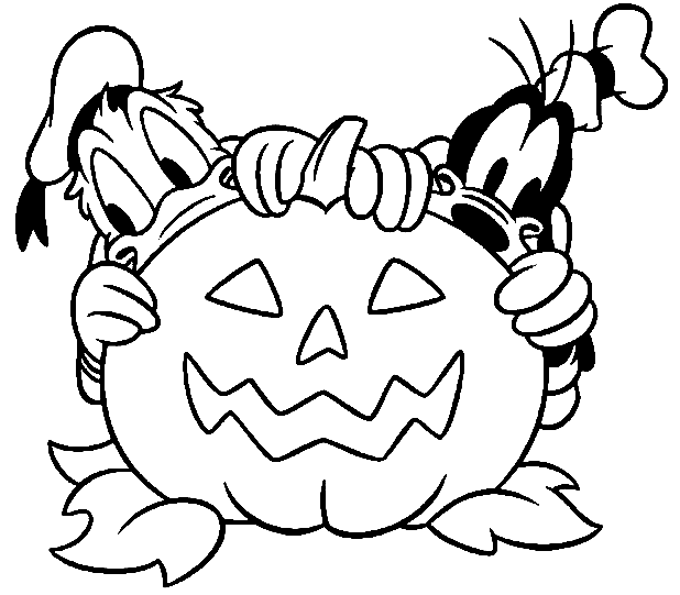Coloriage Donald Et Dingo Se Cachent Derrière Une Citrouille D'Halloween - Halloween citrouille à imprimer