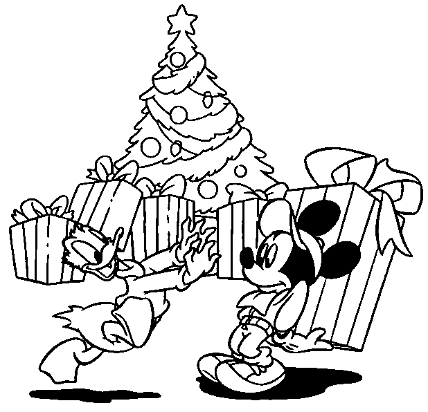 Coloriage Donald Et Mickey Avec Cadeaux Deavnt Le Sapin De Noël - Sapin Noël à imprimer